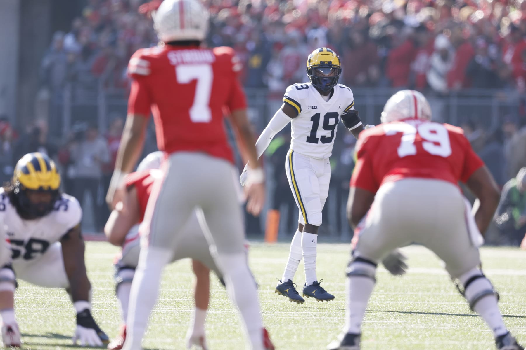 College Football: Michigan Rod Moore (19) in action, lines up for the play vs Ohio State at Ohio Stadium. 
Columbus, OH 11/26/2022
CREDIT: David E. Klutho (Photo by David E. Klutho/Sports Illustrated via Getty Images) 
(Set Number: X164248 TK1)