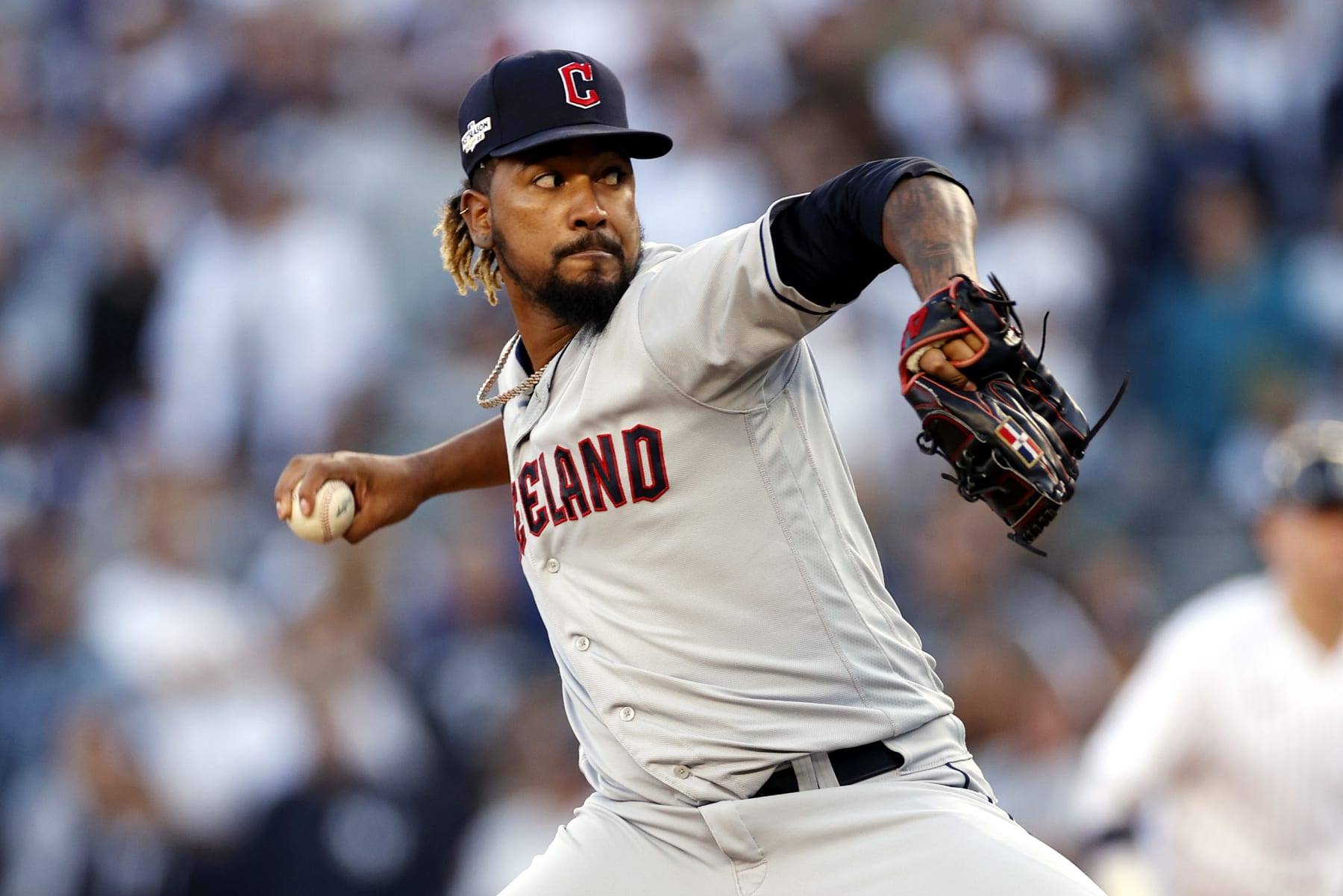 NEW YORK, NEW YORK - OCTOBER 14: Emmanuel Clase #48 of the Cleveland Guardians pitches during the tenth inning against the New York Yankees in game two of the American League Division Series at Yankee Stadium on October 14, 2022 in New York, New York. (Photo by Sarah Stier/Getty Images)