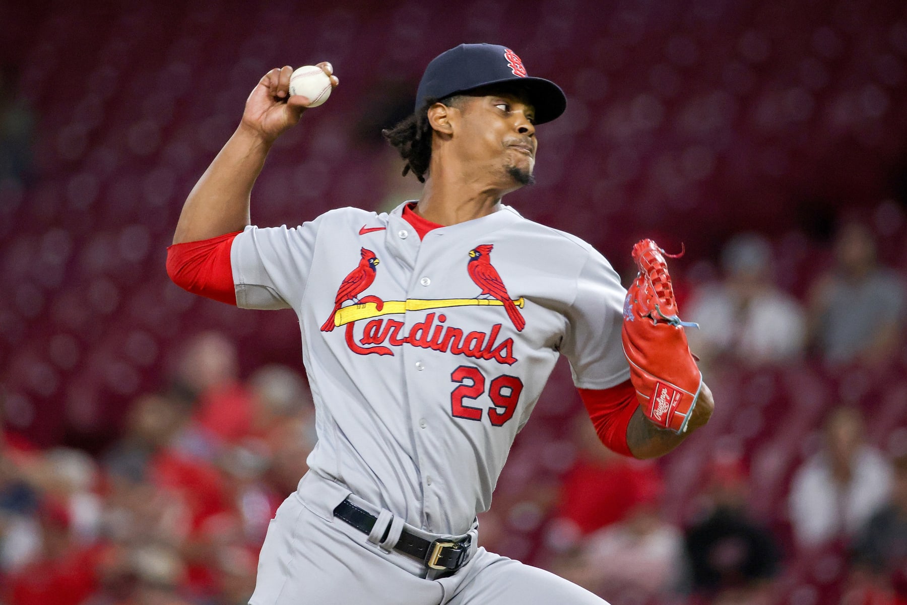 CINCINNATI, OHIO - SEPTEMBER 01: Alex Reyes #29 of the St. Louis Cardinals pitches in the sixth inning against the Cincinnati Reds during game two of a doubleheader at Great American Ball Park on September 01, 2021 in Cincinnati, Ohio. (Photo by Dylan Buell/Getty Images)
