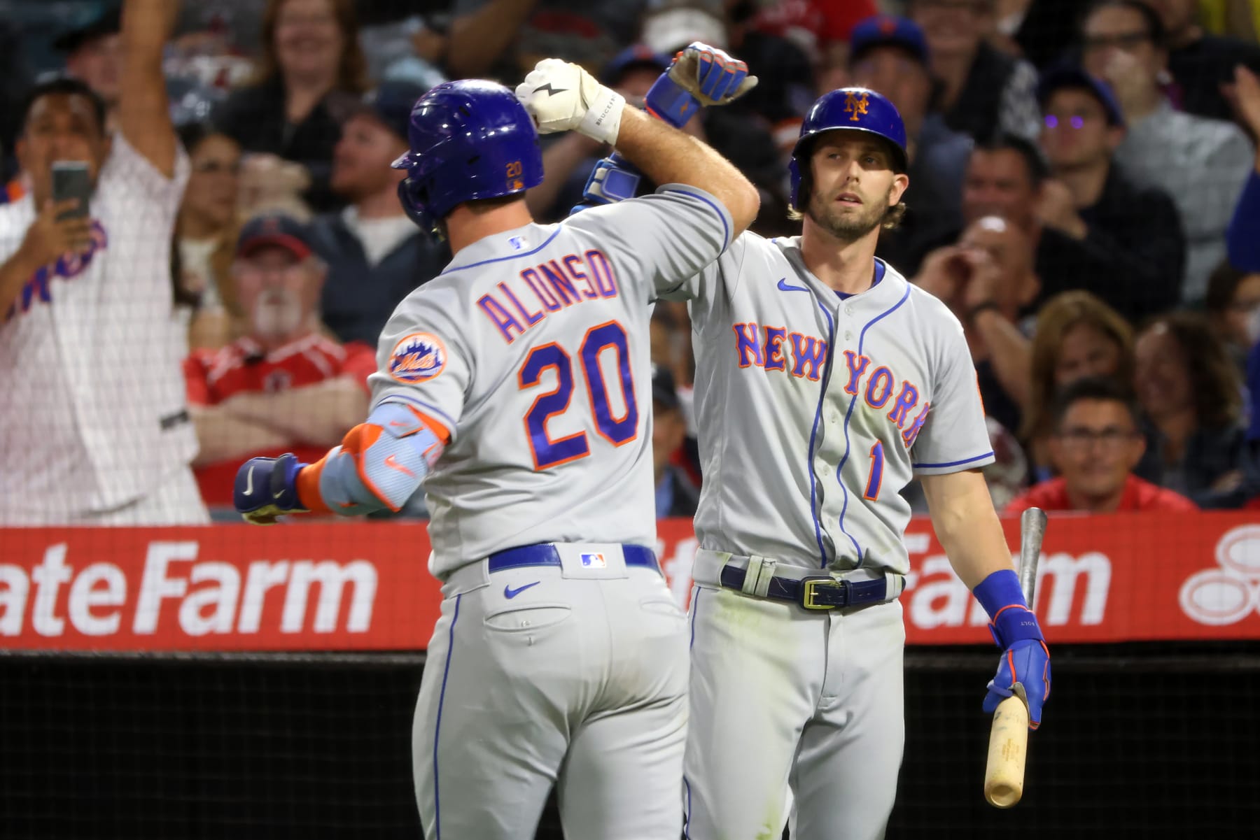 ANAHEIM, CA - JUNE 11: Pete Alonso #20 celebrates a home run with Jeff McNeil #1 of the New York Mets in the eighth inning during the game between the New York Mets and the Los Angeles Angels at Angel Stadium on Saturday, June 11, 2022 in Anaheim, California. (Photo by Katelyn Mulcahy/MLB Photos via Getty Images)
