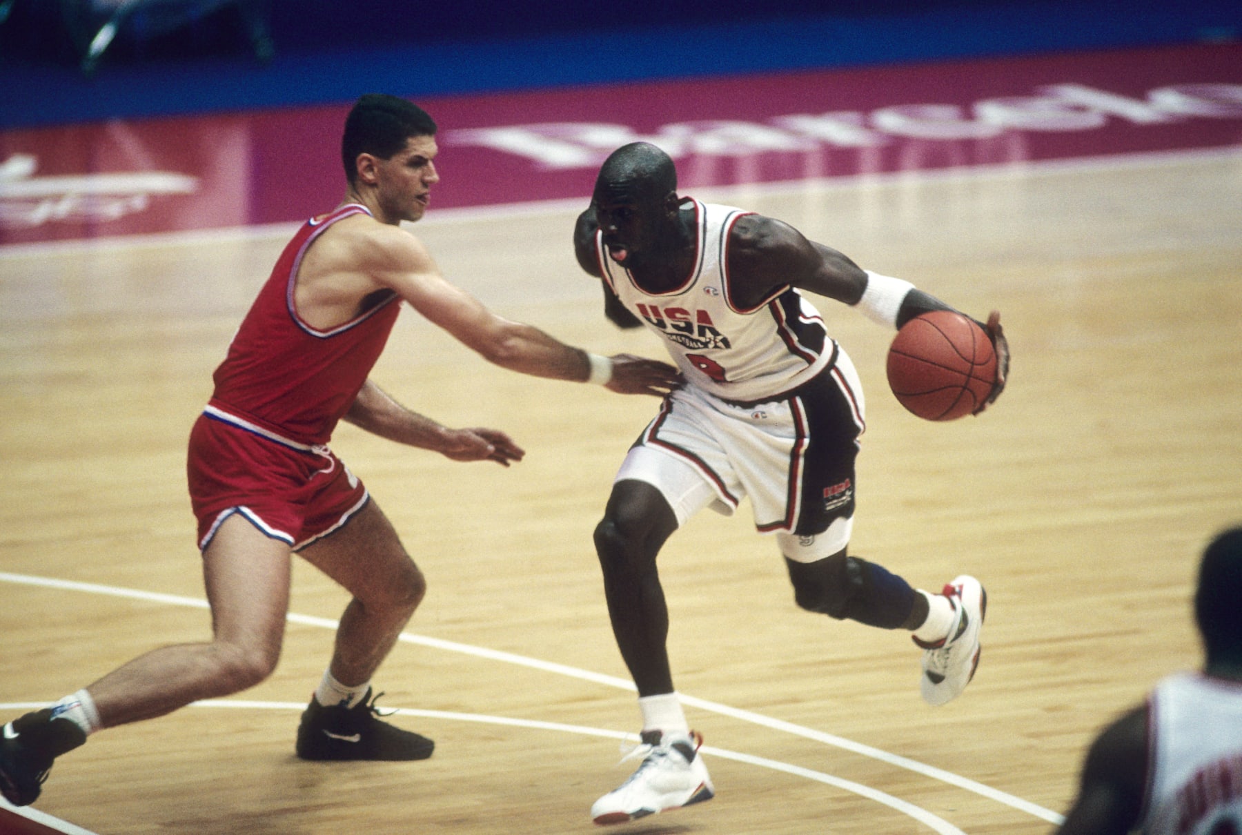 Basketball: 1992 Summer Olympics: USA Michael Jordan (9) in action vs Croatia Drazen Petrovic (4) during Men's Gold Medal Game at Pavello Olimpic. Dream Team.
Badalona, Spain 8/8/1992
CREDIT: Richard Mackson (Photo by Richard Mackson /Sports Illustrated via Getty Images)
(Set Number: X43178 TK46 R6 F24 )