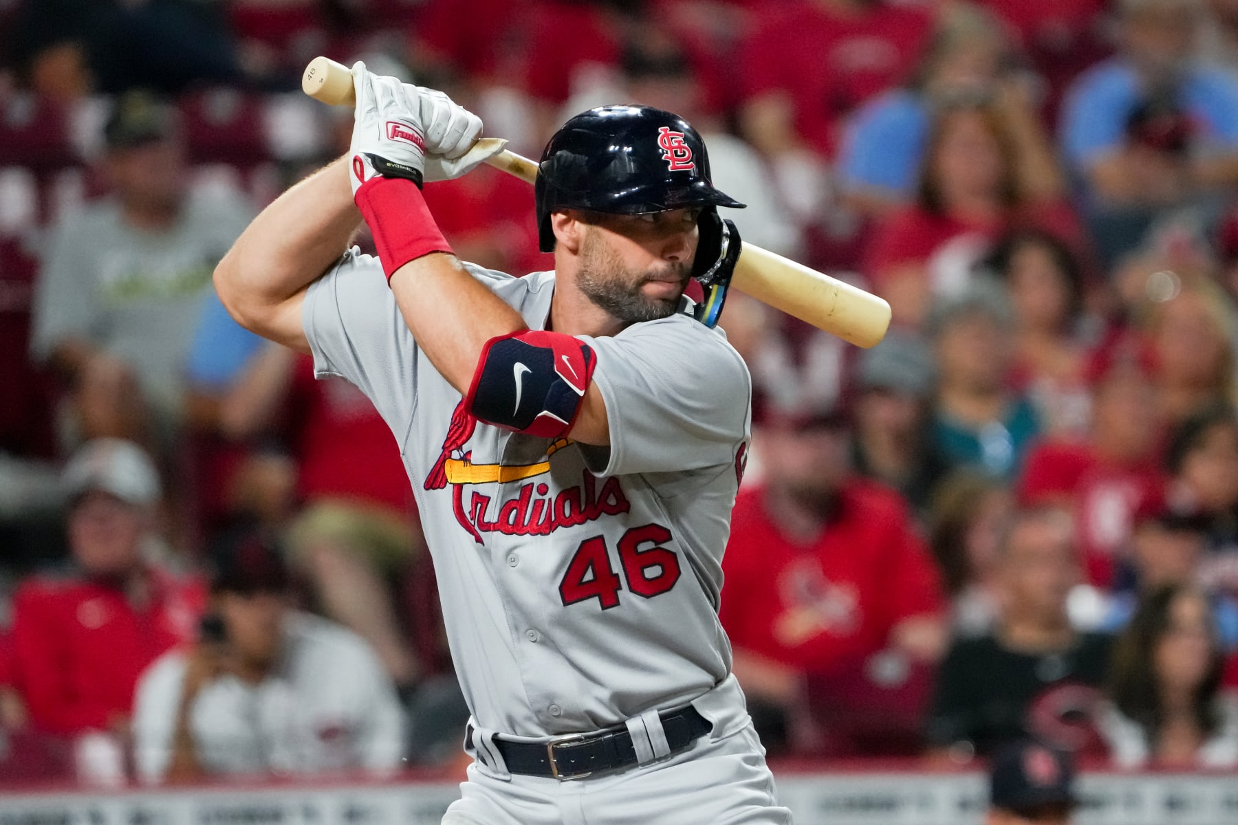 CINCINNATI, OHIO - AUGUST 30: Paul Goldschmidt #46 of the St. Louis Cardinals bats in the ninth inning against the Cincinnati Reds at Great American Ball Park on August 30, 2022 in Cincinnati, Ohio. (Photo by Dylan Buell/Getty Images)