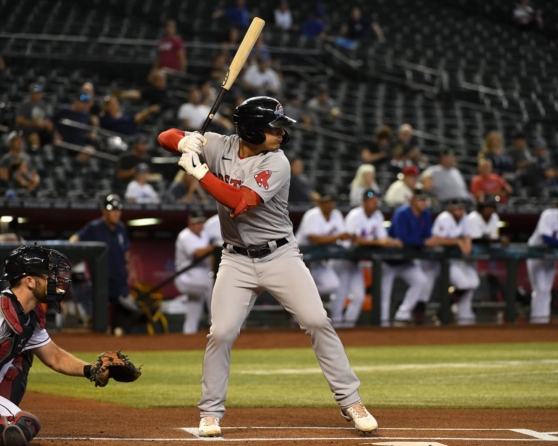 PHEONIX, AZ - OCTOBER 15:  Nick Yorke #7 of the Scottsdale Scorpions bats during the game between the Scottsdale Scorpions and the Peoria Javelinas at Chase Field on Saturday, October 15, 2022 in Pheonix, Arizona. (Photo by Jill Weisleder/MLB Photos via Getty Images)