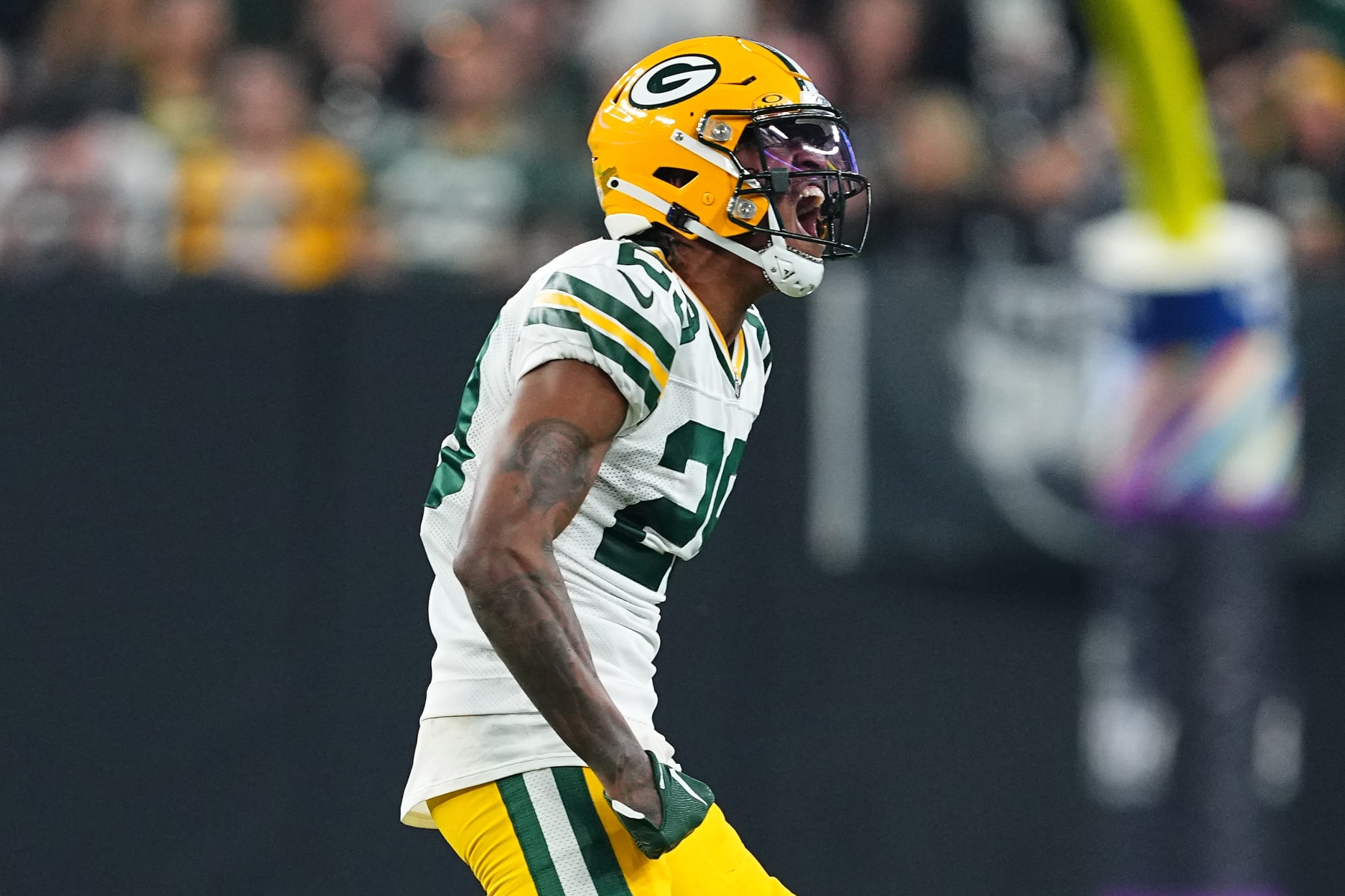 LAS VEGAS, NEVADA - OCTOBER 09: Rasul Douglas #29 of the Green Bay Packers reacts after a defensive stop during the fourth quarter against the Las Vegas Raiders at Allegiant Stadium on October 09, 2023 in Las Vegas, Nevada. (Photo by Chris Unger/Getty Images)