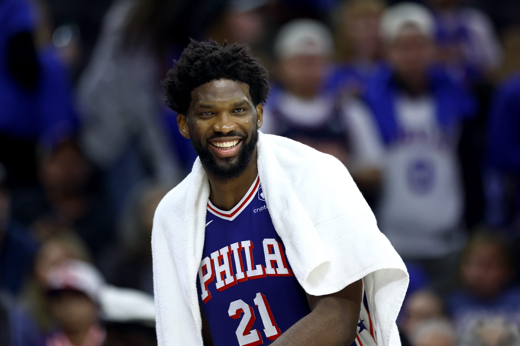 PHILADELPHIA, PENNSYLVANIA - OCTOBER 29: Joel Embiid #21 of the Philadelphia 76ers reacts during the fourth quarter against the Portland Trail Blazers at Wells Fargo Center on October 29, 2023 in Philadelphia, Pennsylvania. NOTE TO USER: User expressly acknowledges and agrees that, by downloading and or using this photograph, User is consenting to the terms and conditions of the Getty Images License Agreement. (Photo by Tim Nwachukwu/Getty Images)