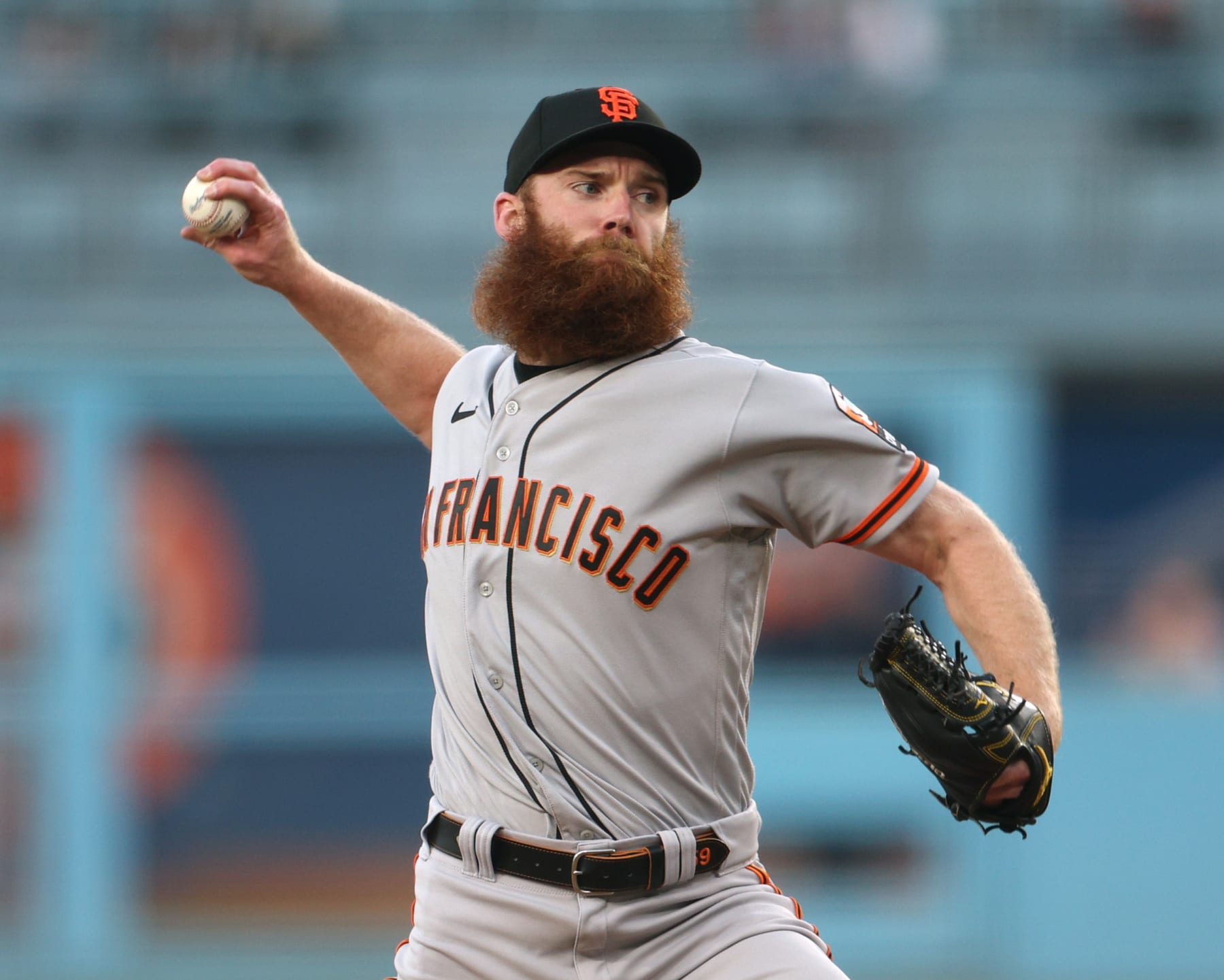 LOS ANGELES, CALIFORNIA - SEPTEMBER 23: John Brebbia #59 of the San Francisco Giants pitches against the Los Angeles Dodgers during the first inning at Dodger Stadium on September 23, 2023 in Los Angeles, California. (Photo by Harry How/Getty Images)