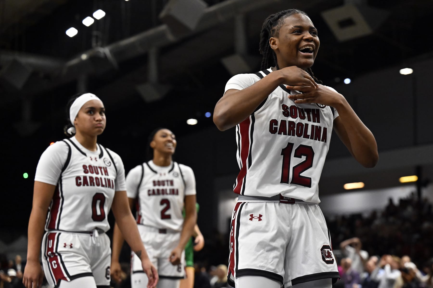 PARIS, FRANCE - NOVEMBER 06: Milaysia Fulwiley of South Carolina reacts during the Aflac Oui Play match between South Carolina and Notre Dame at Halle Georges Carpentier on November 06, 2023 in Paris, France. (Photo by Aurelien Meunier/Getty Images)