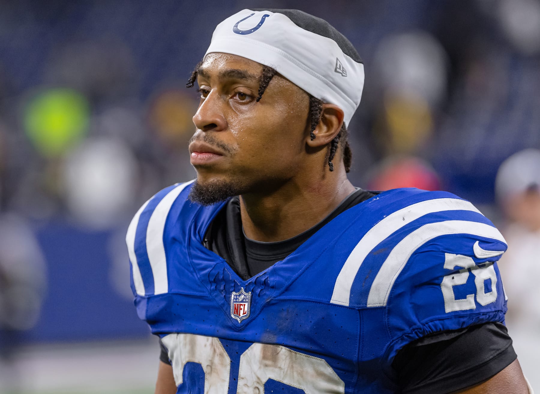 INDIANAPOLIS, INDIANA - OCTOBER 29: Jonathan Taylor #28 of the Indianapolis Colts is seen after the game against the New Orleans Saints at Lucas Oil Stadium on October 29, 2023 in Indianapolis, Indiana. (Photo by Michael Hickey/Getty Images)