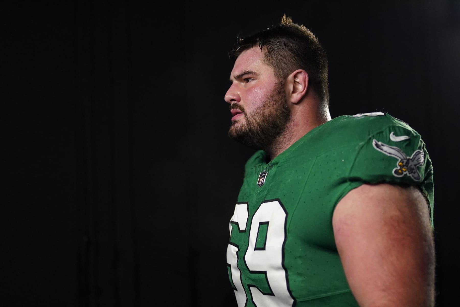 Philadelphia Eagles' Landon Dickerson walks to the locker room before an NFL football game, Sunday, Nov. 26, 2023, in Philadelphia. (AP Photo/Matt Slocum)