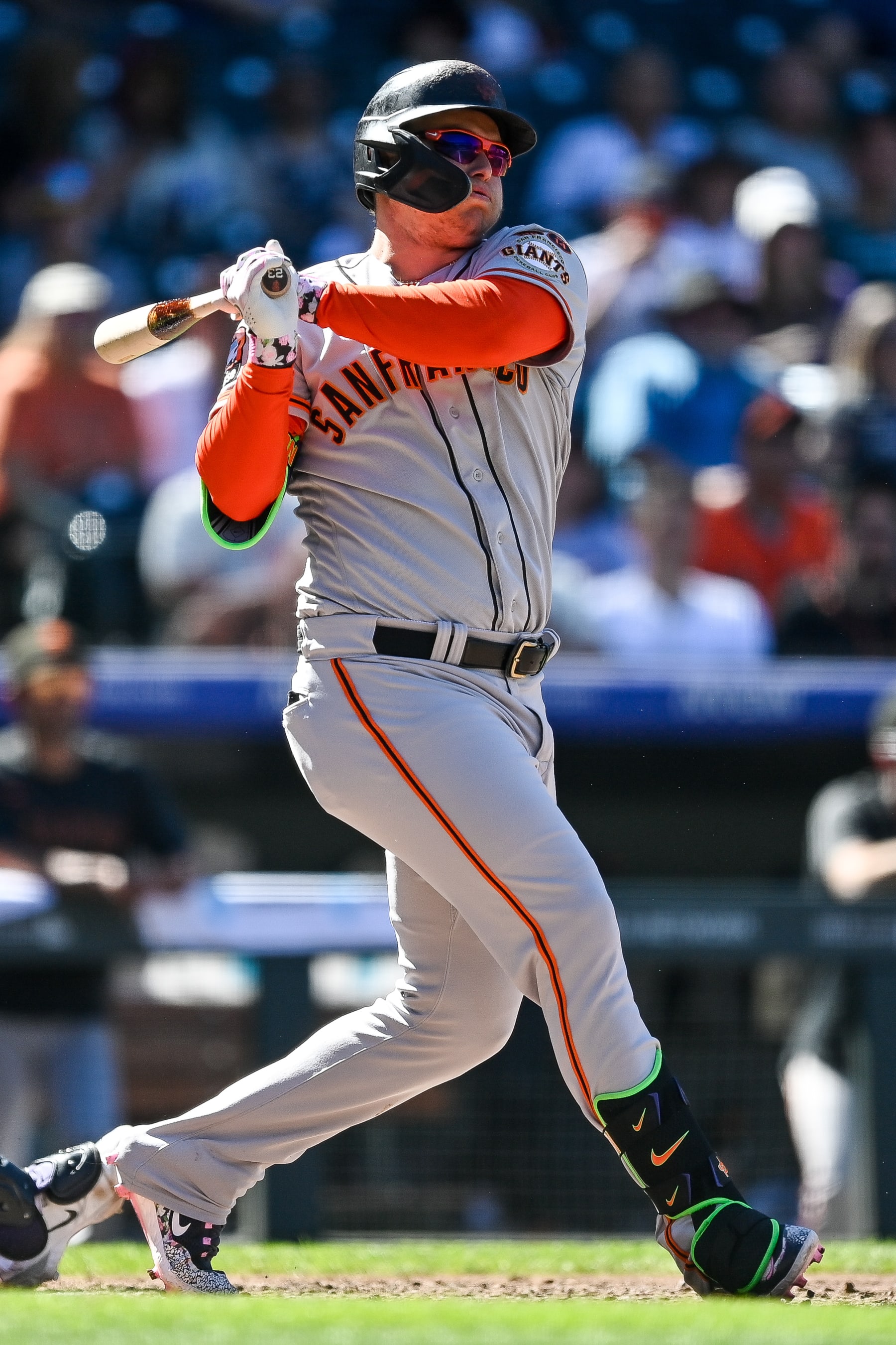 DENVER, CO - SEPTEMBER 17: Joc Pederson #23 of the San Francisco Giants hits a sixth inning RBI double against the Colorado Rockies at Coors Field on September 17, 2023 in Denver, Colorado. (Photo by Dustin Bradford/Getty Images)
