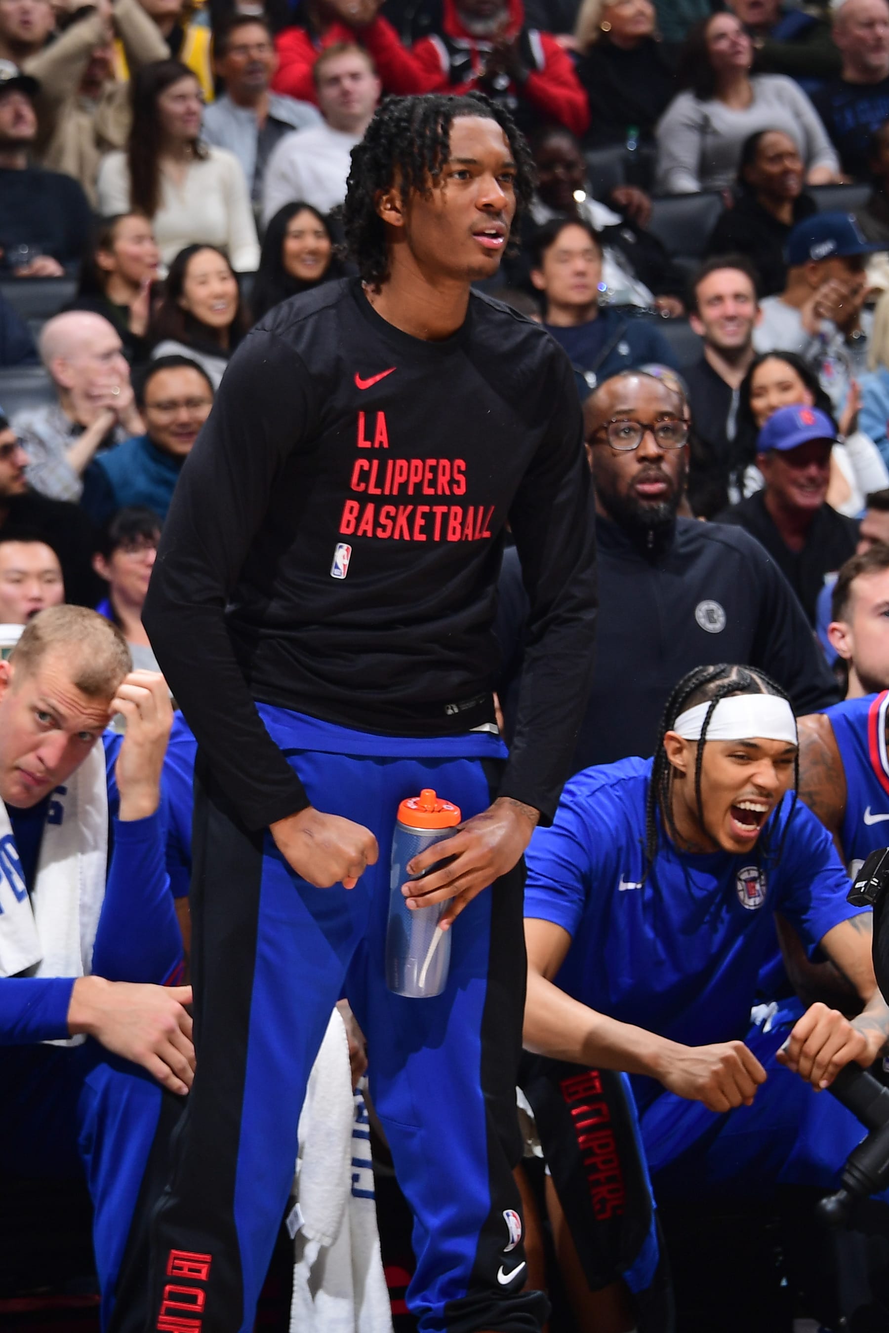 LOS ANGELES, CA - JANUARY 23: Bones Hyland #5 of the LA Clippers celebrates during the game against the Los Angeles Lakers on January 23, 2024 at Crypto.Com Arena in Los Angeles, California. NOTE TO USER: User expressly acknowledges and agrees that, by downloading and/or using this Photograph, user is consenting to the terms and conditions of the Getty Images License Agreement. Mandatory Copyright Notice: Copyright 2024 NBAE (Photo by Adam Pantozzi/NBAE via Getty Images) LOS ANGELES, CA - JANUARY 23: Bones Hyland #5 of the LA Clippers celebrates during the game against the Los Angeles Lakers on January 23, 2024 at Crypto.Com Arena in Los Angeles, California. NOTE TO USER: User expressly acknowledges and agrees that, by downloading and/or using this Photograph, user is consenting to the terms and conditions of the Getty Images License Agreement. Mandatory Copyright Notice: Copyright 2024 NBAE (Photo by Adam Pantozzi/NBAE via Getty Images)