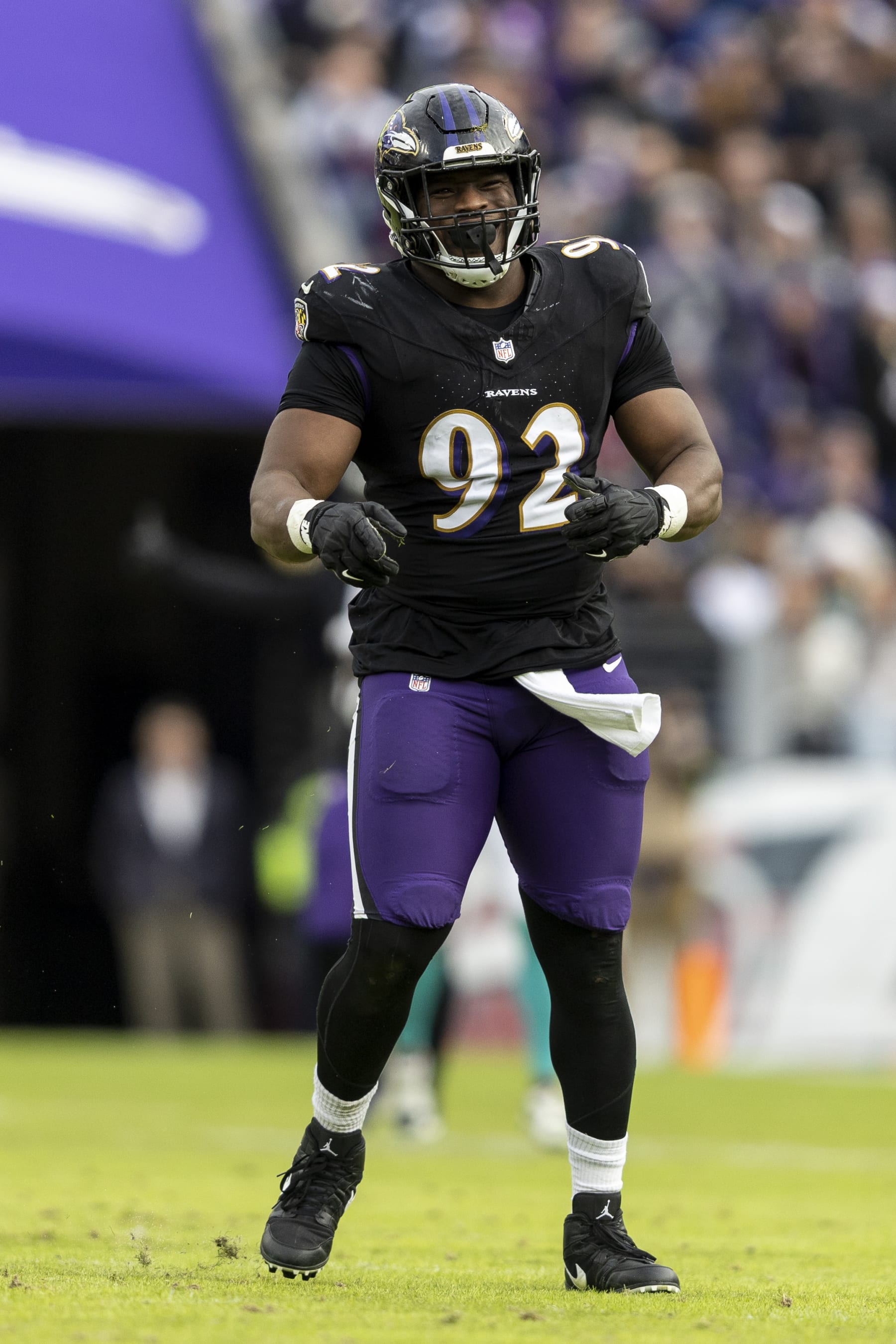 BALTIMORE, MARYLAND - DECEMBER 31: Justin Madubuike #92 of the Baltimore Ravens reacts during an NFL football game between the Baltimore Ravens and the Miami Dolphins at M&T Bank Stadium on December 31, 2023 in Baltimore, Maryland. (Photo by Michael Owens/Getty Images)