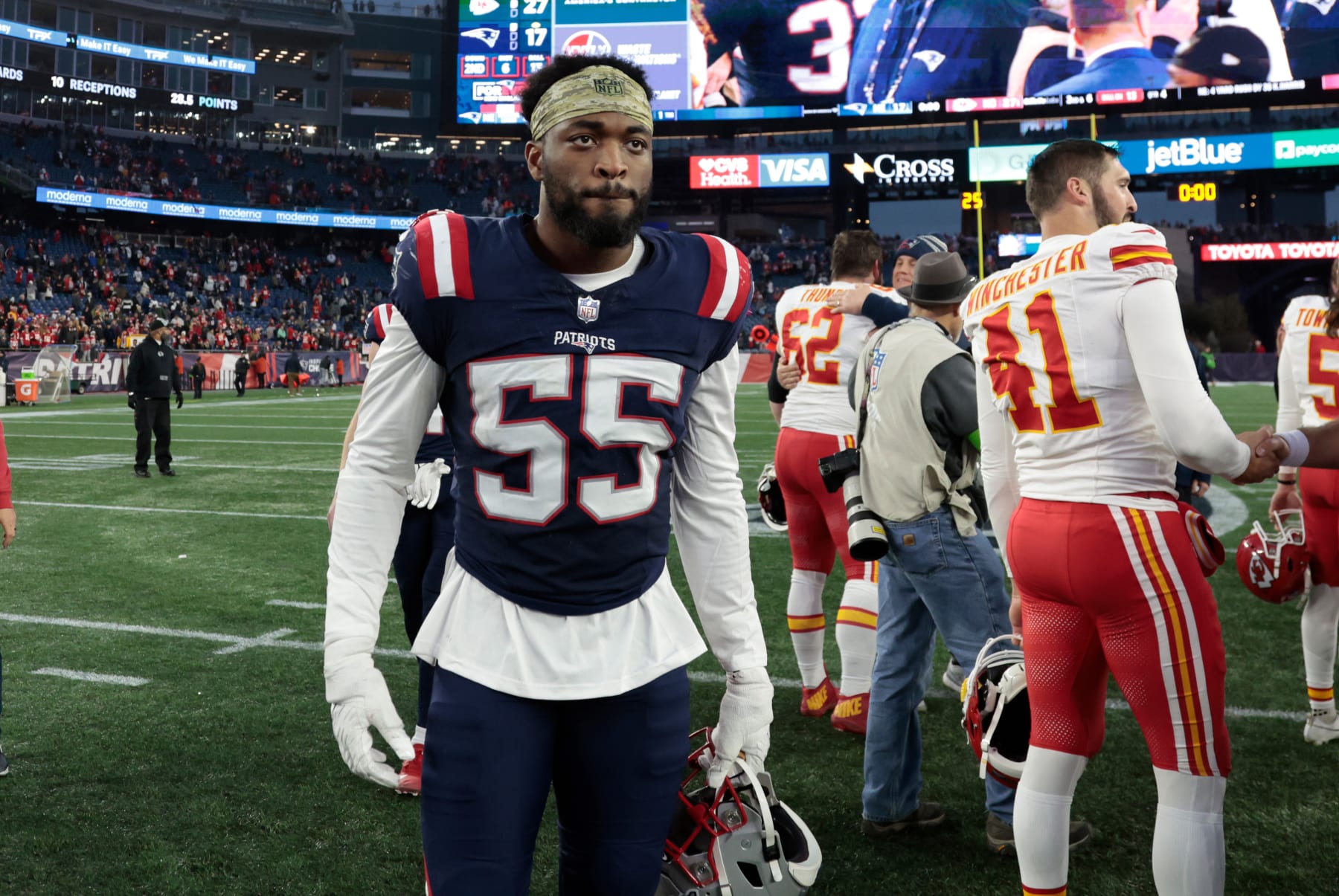FOXBOROUGH, MA - DECEMBER 17: New England Patriots linebacker Josh Uche (55) after a game between the New England Patriots and the Kansas City Chiefs on December 17, 2023, at Gillette Stadium in Foxborough, Massachusetts. (Photo by Fred Kfoury III/Icon Sportswire via Getty Images) FOXBOROUGH, MA - DECEMBER 17: New England Patriots linebacker Josh Uche (55) after a game between the New England Patriots and the Kansas City Chiefs on December 17, 2023, at Gillette Stadium in Foxborough, Massachusetts. (Photo by Fred Kfoury III/Icon Sportswire via Getty Images)