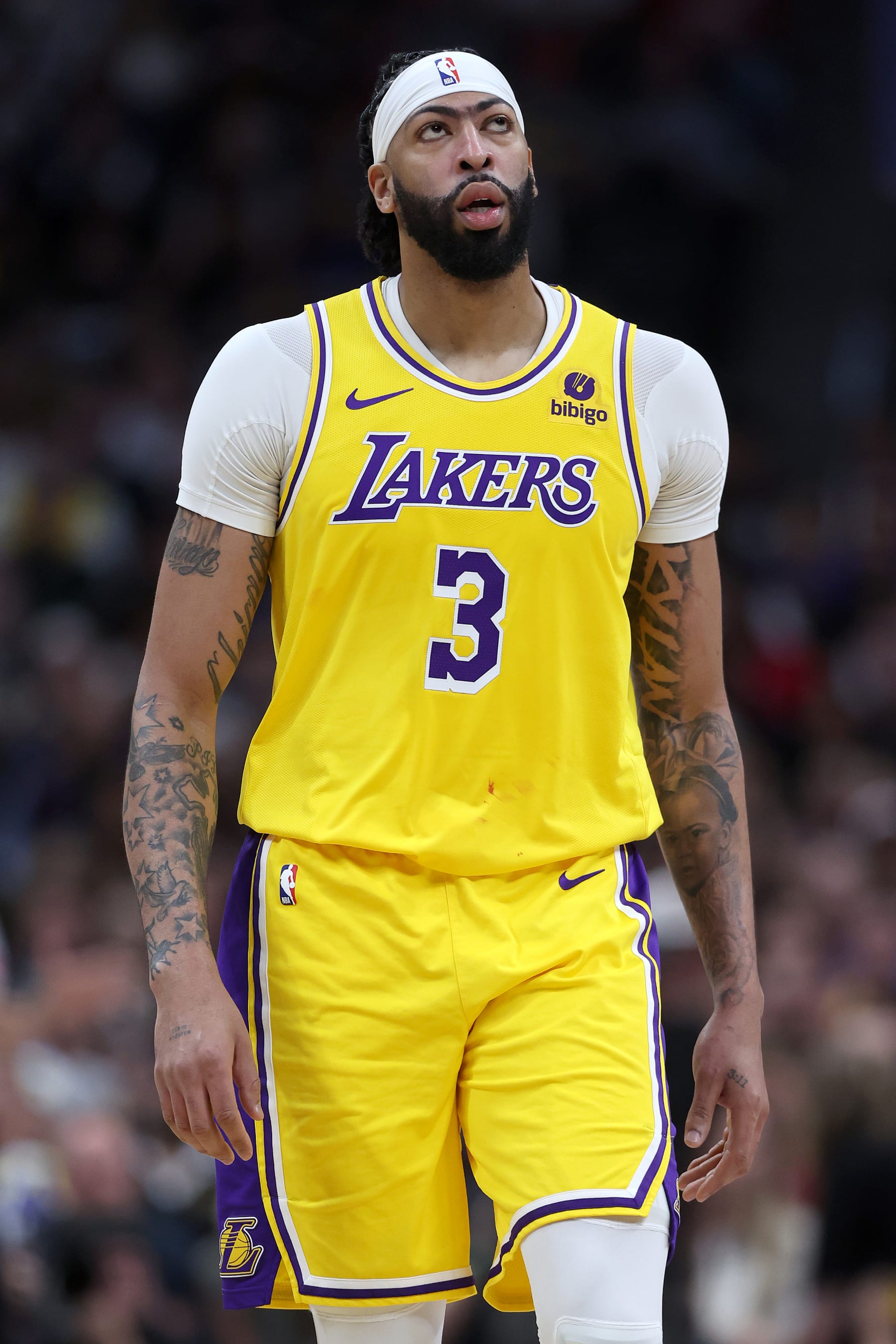 DENVER, COLORADO - APRIL 22: Anthony Davis #3 of the Los Angeles Lakers plays the Denver Nuggets in the second quarter during game two of the Western Conference First Round Playoffs at Ball Arena on April 22, 2024 in Denver, Colorado. NOTE TO USER: User expressly acknowledges and agrees that, by downloading and or using this photograph, User is consenting to the terms and conditions of the Getty Images License Agreement. (Photo by Matthew Stockman/Getty Images)