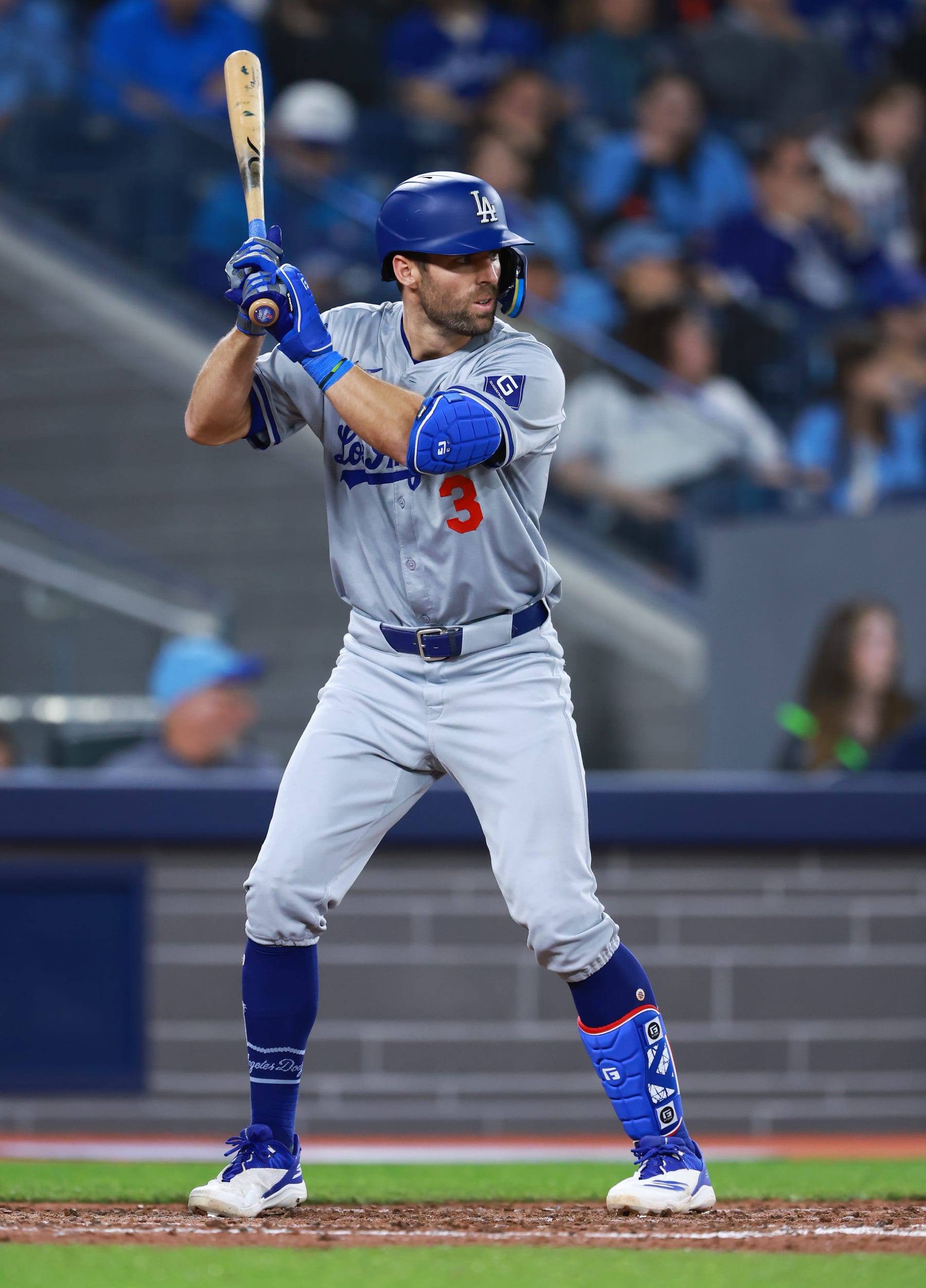 TORONTO, ON - APRIL 27:  Chris Taylor #3 of the Los Angeles Dodgers bats during a game against the Toronto Blue Jays at Rogers Centre on April 27, 2024 in Toronto, Ontario, Canada.  (Photo by Vaughn Ridley/Getty Images)