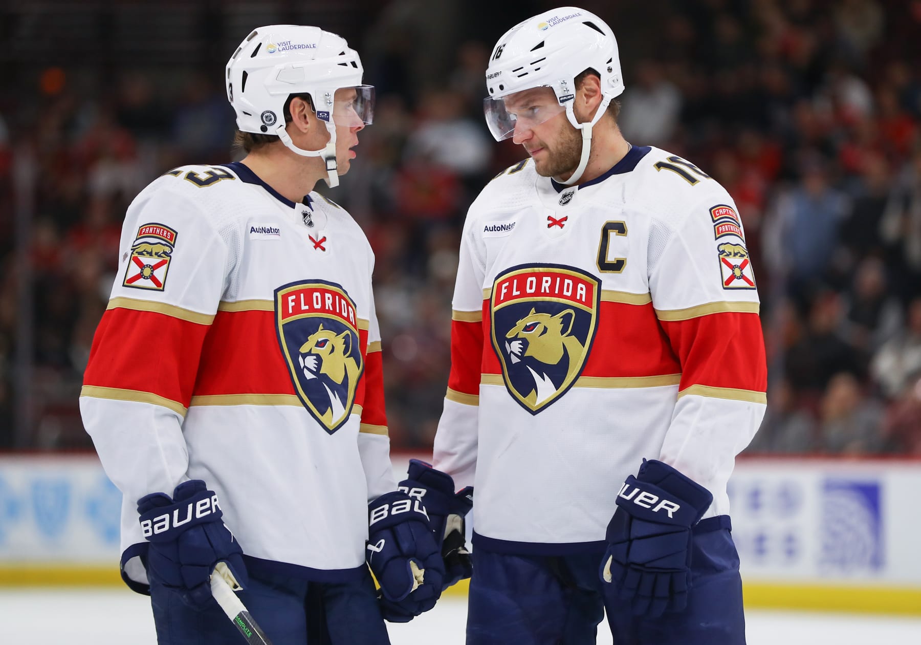 CHICAGO, IL - NOVEMBER 04: Aleksander Barkov #16 of the Florida Panthers and Carter Verhaeghe #23 of the Florida Panthers chat during the first period against the Chicago Blackhawks at the United Center on November 4, 2023 in Chicago, Illinois. (Photo by Melissa Tamez/Icon Sportswire via Getty Images)