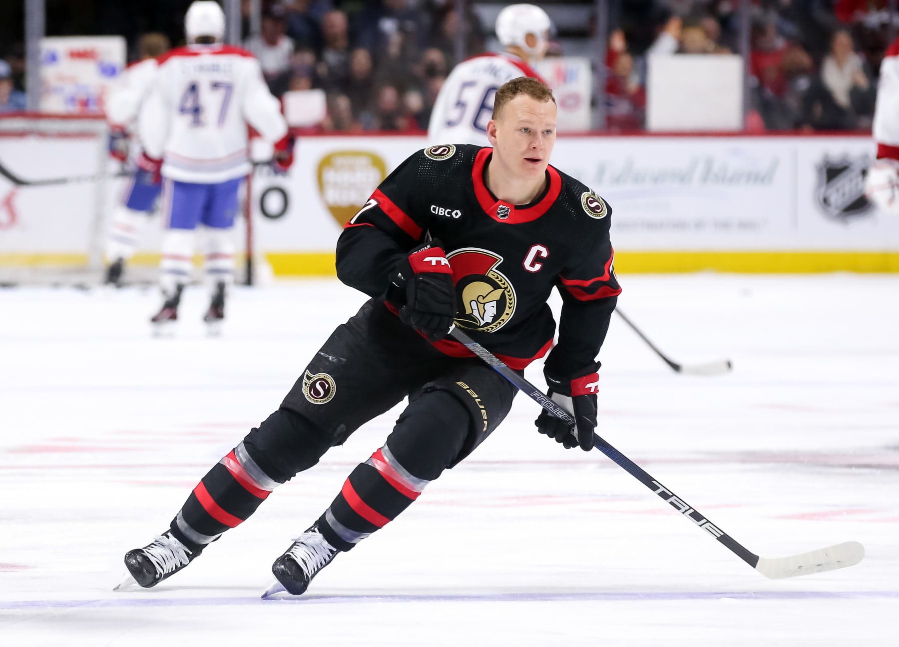 OTTAWA, CANADA - APRIL 13: Brady Tkachuk #7 of the Ottawa Senators skates during warm ups prior to a game against the Montreal Canadiens at Canadian Tire Centre on April 13, 2024 in Ottawa, Ontario, Canada. (Photo by Chris Tanouye/Freestyle Photography/Getty Images)