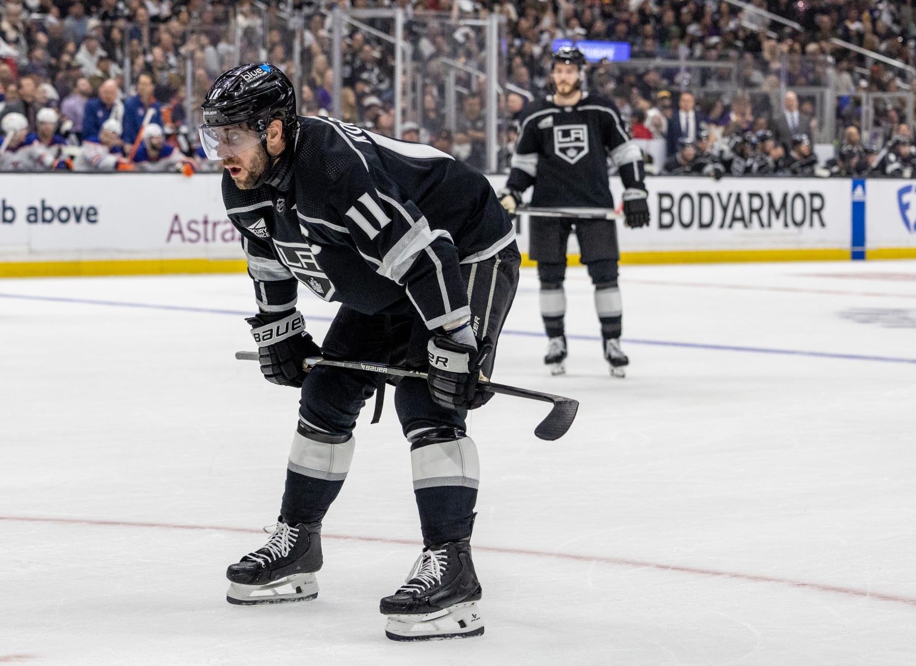 LOS ANGELES, CA - APRIL 28, 2024: Los Angeles Kings center Anze Kopitar (11) catches his breath before a face-off against the Edmonton Oilers  in Game 4 of the first round of  the Stanley Cup playoffs at Crypto.com Arena on April  28, 2024 in Los Angeles, CA.(Gina Ferazzi / Los Angeles Times via Getty Images)