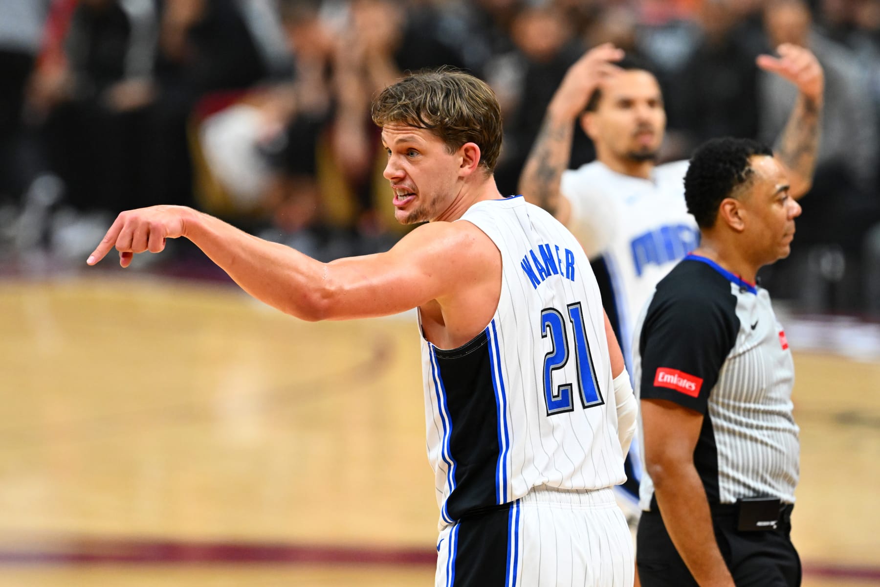 CLEVELAND, OHIO - APRIL 30: Moritz Wagner #21 of the Orlando Magic reacts during the second quarter of game five of the Eastern Conference First Round Playoffs against the Cleveland Cavaliers at Rocket Mortgage Fieldhouse on April 30, 2024 in Cleveland, Ohio. NOTE TO USER: User expressly acknowledges and agrees that, by downloading and or using this photograph, User is consenting to the terms and conditions of the Getty Images License Agreement. (Photo by Jason Miller/Getty Images)