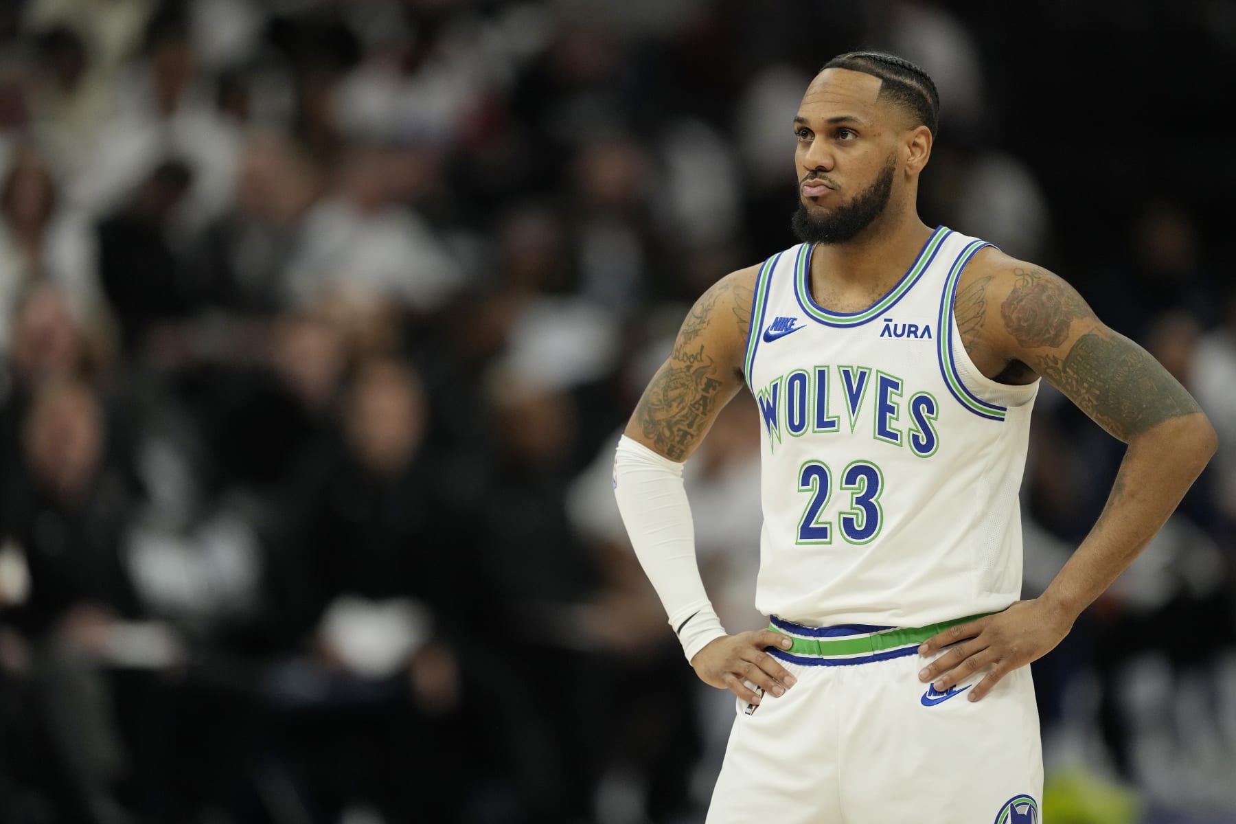 MINNEAPOLIS, MINNESOTA - APRIL 20: Monte Morris #23 of the Minnesota Timberwolves looks on during the second half in game one of the Western Conference First Round Playoffs against the Phoenix Suns at Target Center on April 20, 2024 in Minneapolis, Minnesota. NOTE TO USER: User expressly acknowledges and agrees that, by downloading and or using this photograph, User is consenting to the terms and conditions of the Getty Images License Agreement. (Photo by Patrick McDermott/Getty Images)