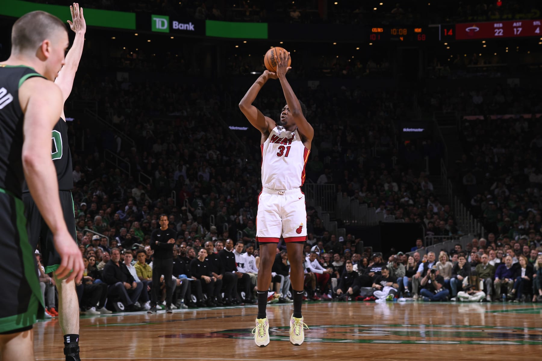 BOSTON, MA - MAY 1: Thomas Bryant #31 of the Miami Heat shoots a three point basket during the game against the Boston Celtics during Round 1 Game 5 of the 2024 NBA Playoffs on May 1, 2024 at the TD Garden in Boston, Massachusetts. NOTE TO USER: User expressly acknowledges and agrees that, by downloading and or using this photograph, User is consenting to the terms and conditions of the Getty Images License Agreement. Mandatory Copyright Notice: Copyright 2024 NBAE  (Photo by Brian Babineau/NBAE via Getty Images)