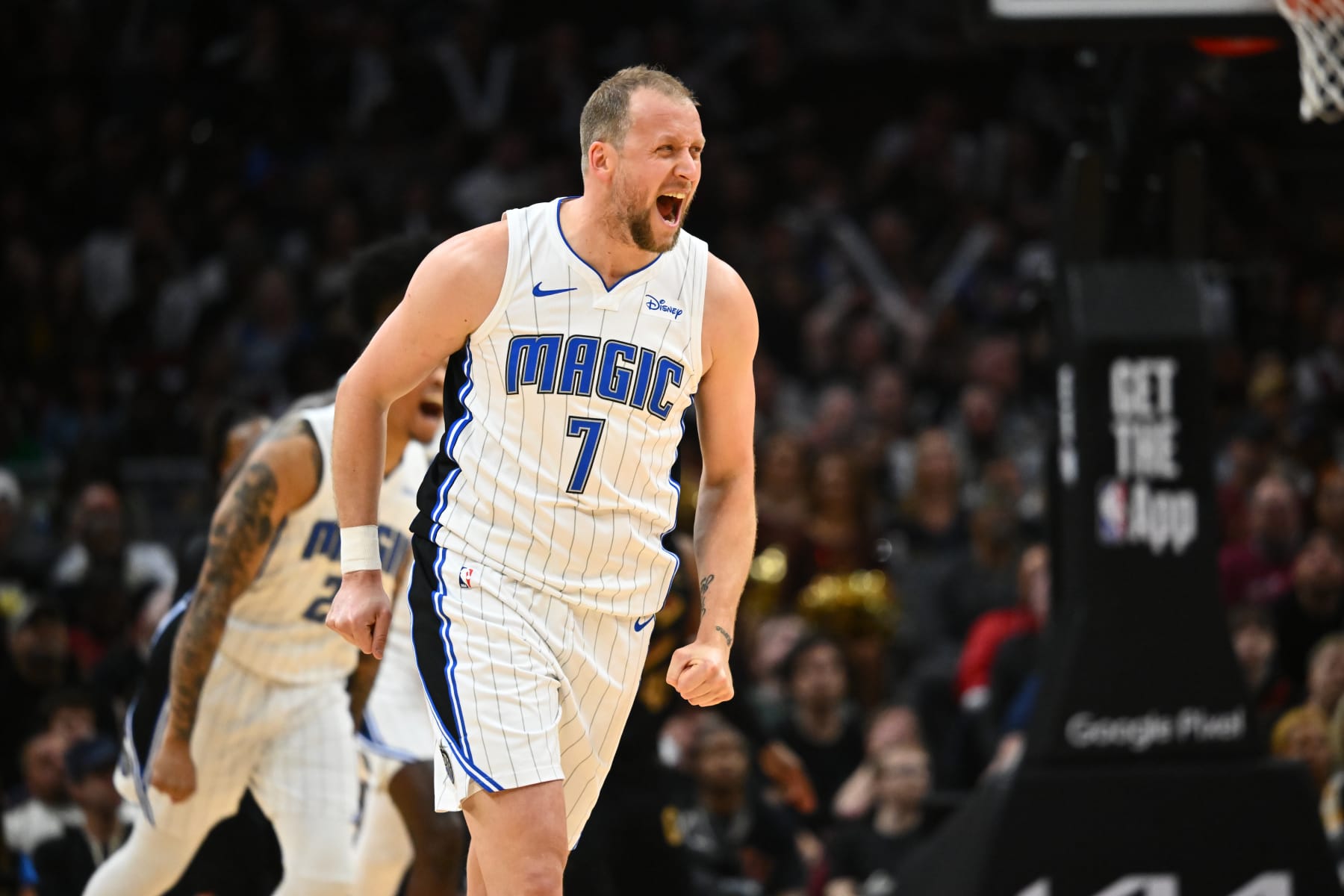 CLEVELAND, OHIO - APRIL 30: Joe Ingles #7 of the Orlando Magic celebrates after scoring during the fourth quarter of game five of the Eastern Conference First Round Playoffs against the Cleveland Cavaliers at Rocket Mortgage Fieldhouse on April 30, 2024 in Cleveland, Ohio. The Cavaliers defeated the Magic 104-103. NOTE TO USER: User expressly acknowledges and agrees that, by downloading and or using this photograph, User is consenting to the terms and conditions of the Getty Images License Agreement. (Photo by Jason Miller/Getty Images)