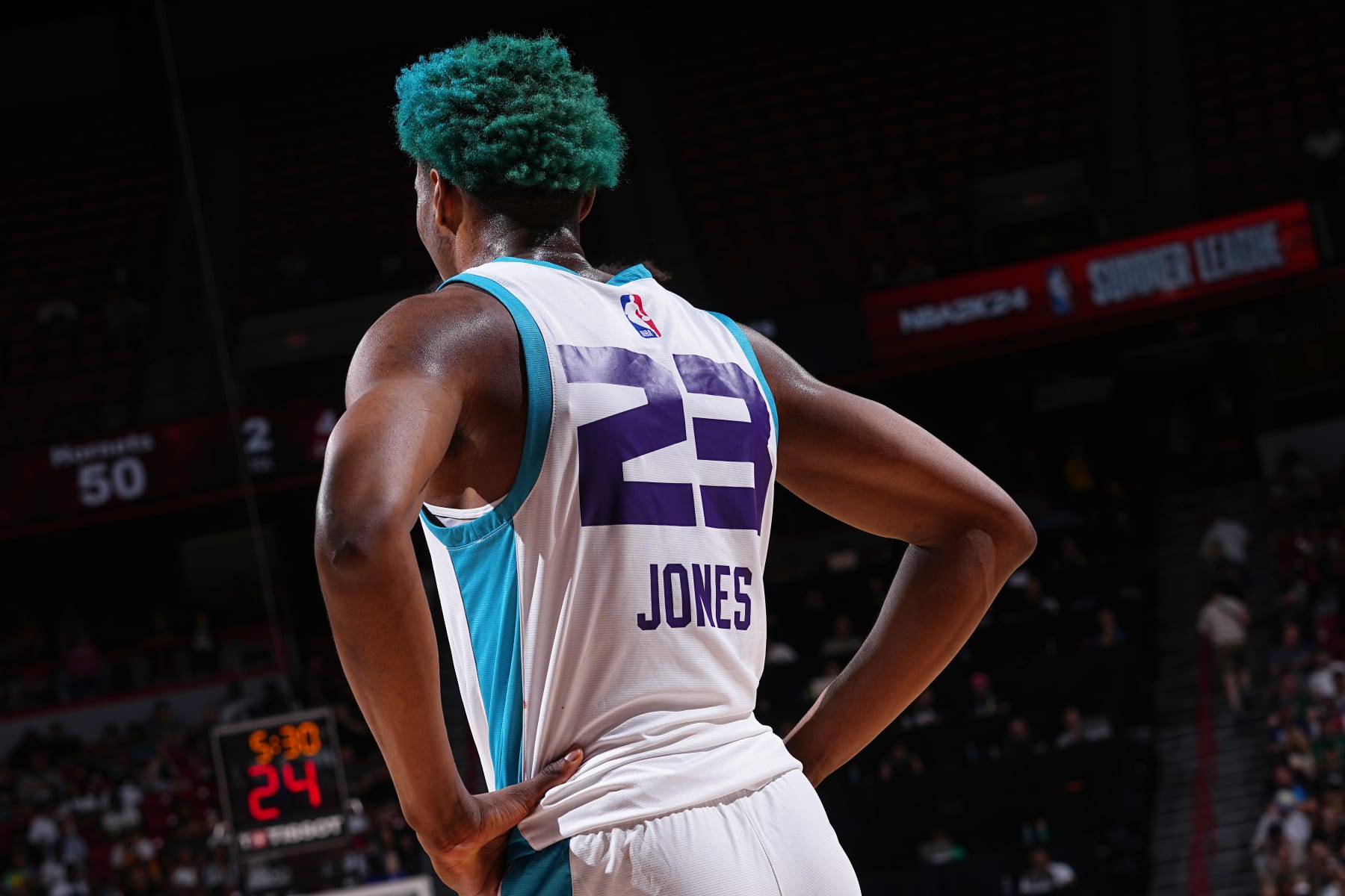 LAS VEGAS, NV - JULY 9:  Kai Jones #23 of of the Charlotte Hornets looks on during the game against the Los Angeles Lakers during the 2023 NBA Las Vegas Summer League on July 9, 2023 at the Thomas & Mack Center in Las Vegas, Nevada. NOTE TO USER: User expressly acknowledges and agrees that, by downloading and or using this photograph, User is consenting to the terms and conditions of the Getty Images License Agreement. Mandatory Copyright Notice: Copyright 2023 NBAE (Photo by Bart Young/NBAE via Getty Images)