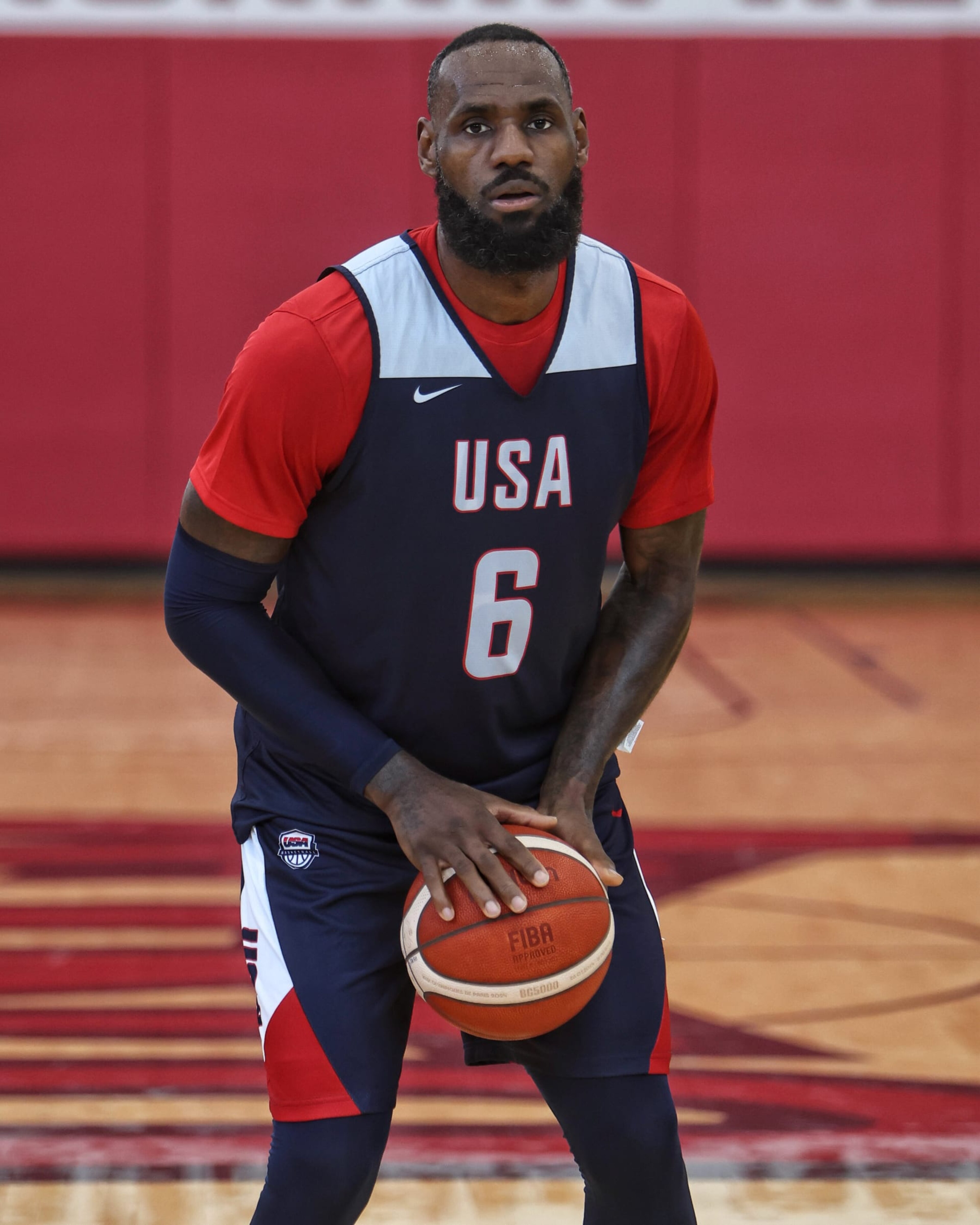 LAS VEGAS, NV - JULY 8: LeBron James #6 of the USAB Mens Team shoots free-throw during the USAB Men's Training Camp on July 8, 2024 at UNLV in Las Vegas, Nevada. NOTE TO USER: User expressly acknowledges and agrees that, by downloading and or using this photograph, User is consenting to the terms and conditions of the Getty Images License Agreement. Mandatory Copyright Notice: Copyright 2024 NBAE (Photo by Jim Poorten/NBAE via Getty Images) LAS VEGAS, NV - JULY 8: LeBron James #6 of the USAB Mens Team shoots free-throw during the USAB Men's Training Camp on July 8, 2024 at UNLV in Las Vegas, Nevada. NOTE TO USER: User expressly acknowledges and agrees that, by downloading and or using this photograph, User is consenting to the terms and conditions of the Getty Images License Agreement. Mandatory Copyright Notice: Copyright 2024 NBAE (Photo by Jim Poorten/NBAE via Getty Images)