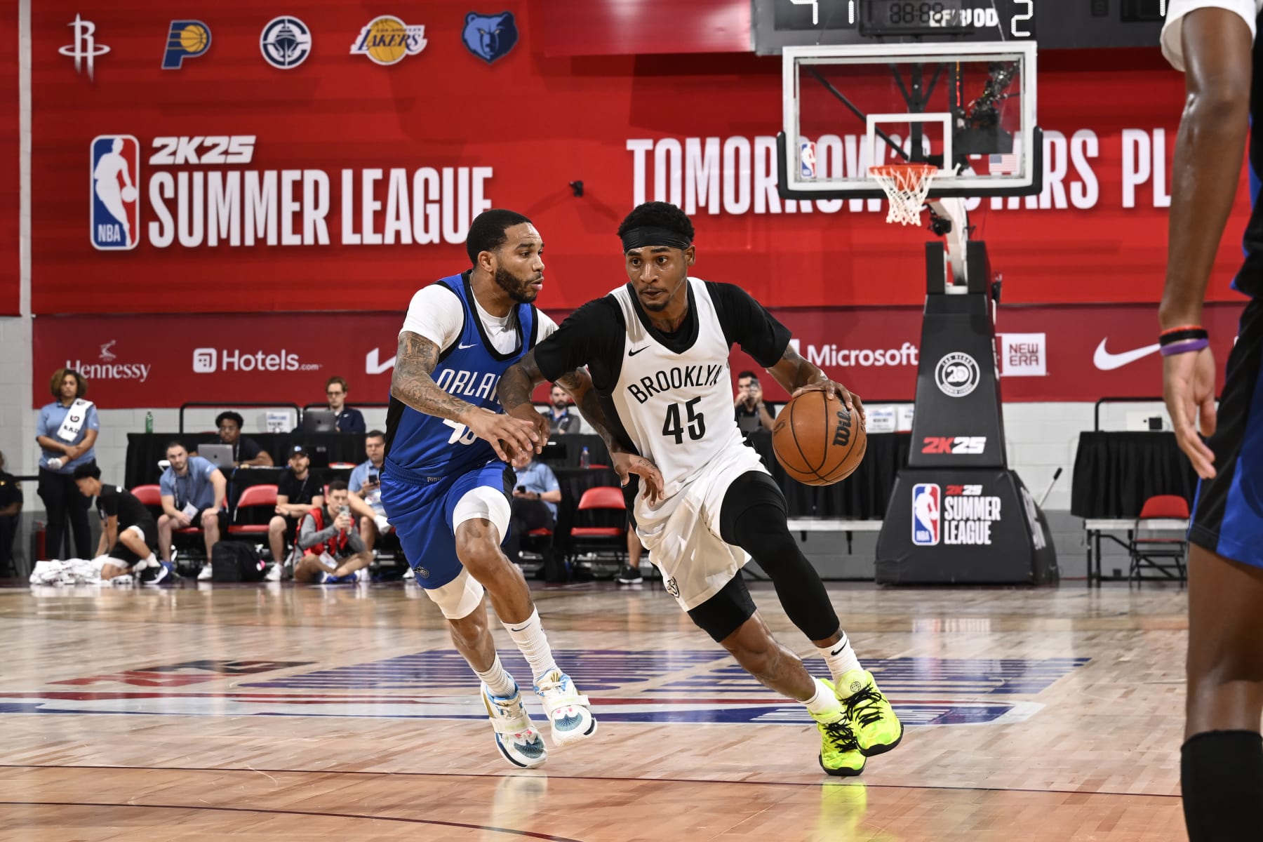 LAS VEGAS, NV - JULY 18: Keon Johnson #45 of the Brooklyn Nets drives to the basket during the game against the Orlando Magic on July 18, 2024 at the Thomas & Mack Center in Las Vegas, Nevada. NOTE TO USER: User expressly acknowledges and agrees that, by downloading and or using this photograph, User is consenting to the terms and conditions of the Getty Images License Agreement. Mandatory Copyright Notice: Copyright 2024 NBAE (Photo by David Dow/NBAE via Getty Images)