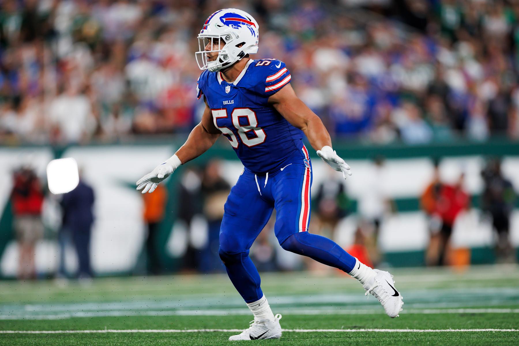 EAST RUTHERFORD, NEW JERSEY - SEPTEMBER 11: Matt Milano #58 of the Buffalo Bills defends in coverage during an NFL football game against the New York Jets at MetLife Stadium on September 11, 2023 in East Rutherford, New Jersey. (Photo by Ryan Kang/Getty Images)