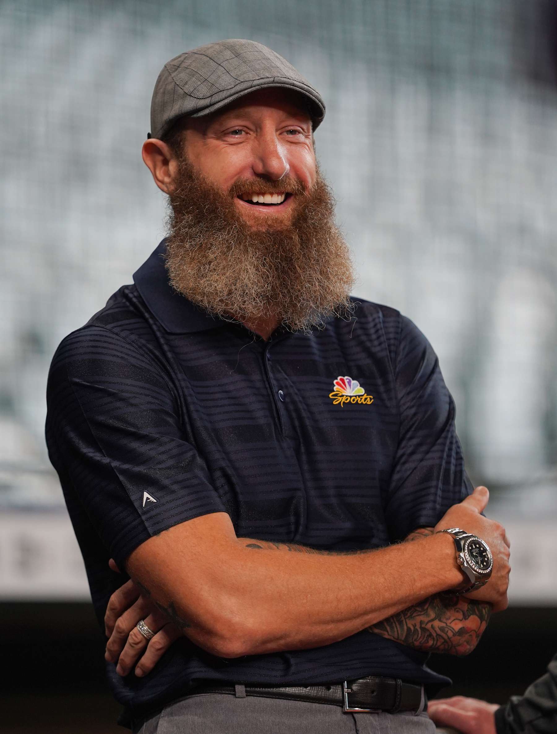 HOUSTON, TEXAS - AUGUST 13: Broadcaster Dallas Braden looks on from the field prior to the game between the Houston Astros and the Oakland Athletics at Minute Maid Park on August 13, 2022 in Houston, Texas. (Photo by Alex Bierens de Haan/Getty Images)
