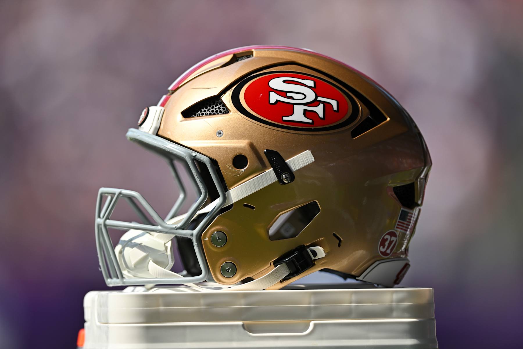 MINNEAPOLIS, MINNESOTA - SEPTEMBER 15: A view of a San Francisco 49ers football helmet during the game against the Minnesota Vikings at U.S. Bank Stadium on September 15, 2024 in Minneapolis, Minnesota. The Vikings beat the 49ers 23-17. (Photo by Alika Jenner/Getty Images)