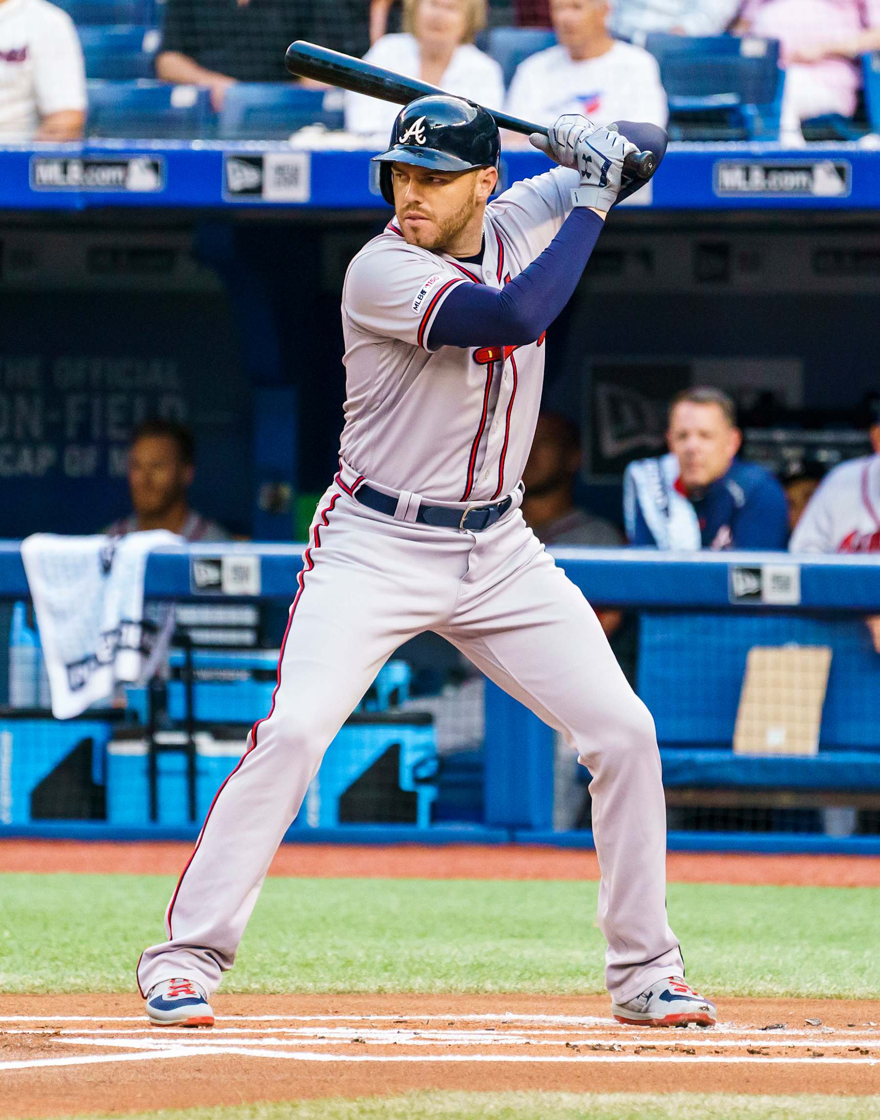 TORONTO, ONTARIO - AUGUST 28: Freddie Freeman #5 of the Atlanta Braves takes an at bat against the Toronto Blue Jays in the first inning during their MLB game at the Rogers Centre on August 28, 2019 in Toronto, Canada. (Photo by Mark Blinch/Getty Images)