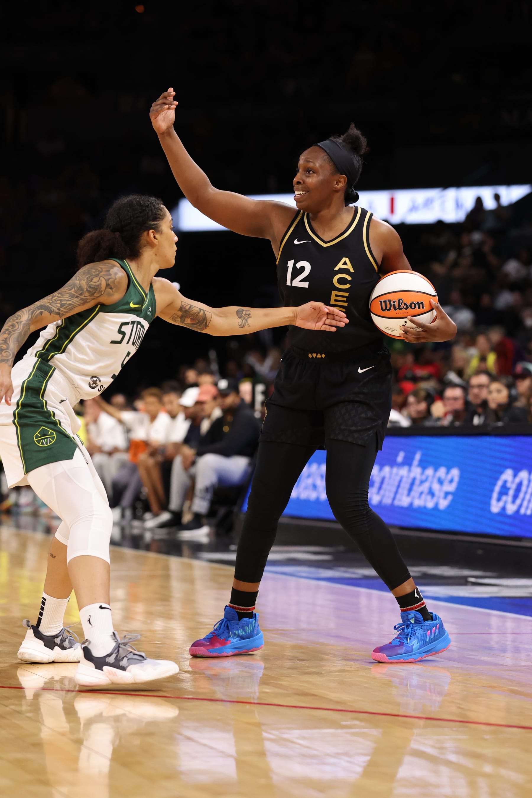 LAS VEGAS, NV - AUGUST 14: Chelsea Gray #12 of the Las Vegas Aces handles the ball during the game against the Seattle Storm on August 14, 2022 at  Michelob ULTRA Arena in Las Vegas, Nevada. NOTE TO USER: User expressly acknowledges and agrees that, by downloading and or using this photograph, User is consenting to the terms and conditions of the Getty Images License Agreement. Mandatory Copyright Notice: Copyright 2022 NBAE (Photo by Mike Kirschbaum/NBAE via Getty Images)