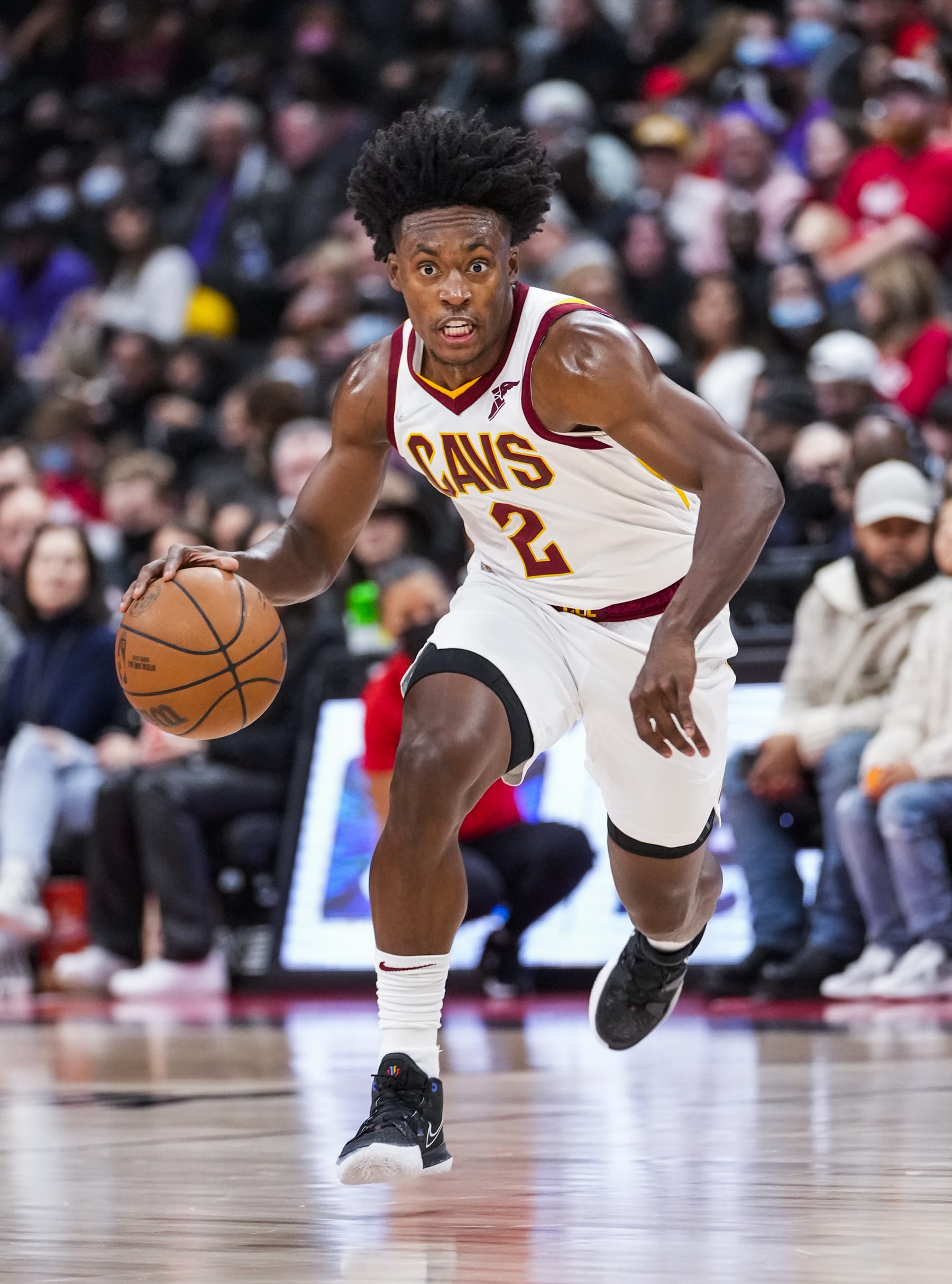 TORONTO, ON - NOVEMBER 5: Collin Sexton #2 of the Cleveland Cavaliers dribbles against the Toronto Raptors during the first half of their basketball game at the Scotiabank Arena on November 5, 2021 in Toronto, Ontario, Canada. NOTE TO USER: User expressly acknowledges and agrees that, by downloading and/or using this Photograph, NOTE TO USER: User  is consenting to the terms and conditions of the Getty Images License Agreement. (Photo by Mark Blinch/Getty Images)