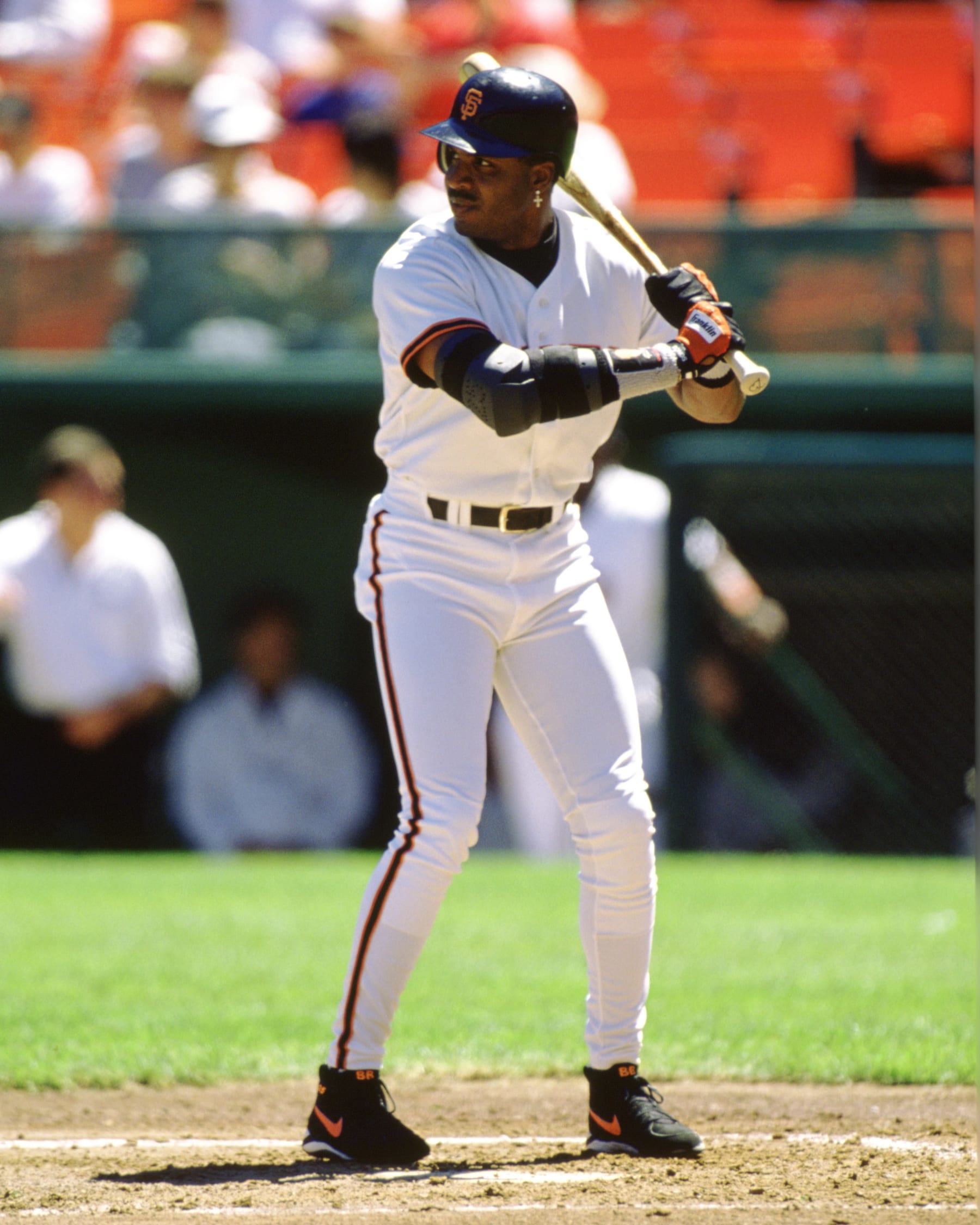 SAN FRANCISCO - 1995:  Barry Bonds of the San Francisco Giants bats during an MLB game at Candlestick Park in San Francisco, California during the 1995 season. (Photo by Ron Vesely/MLB Photos via Getty Images)