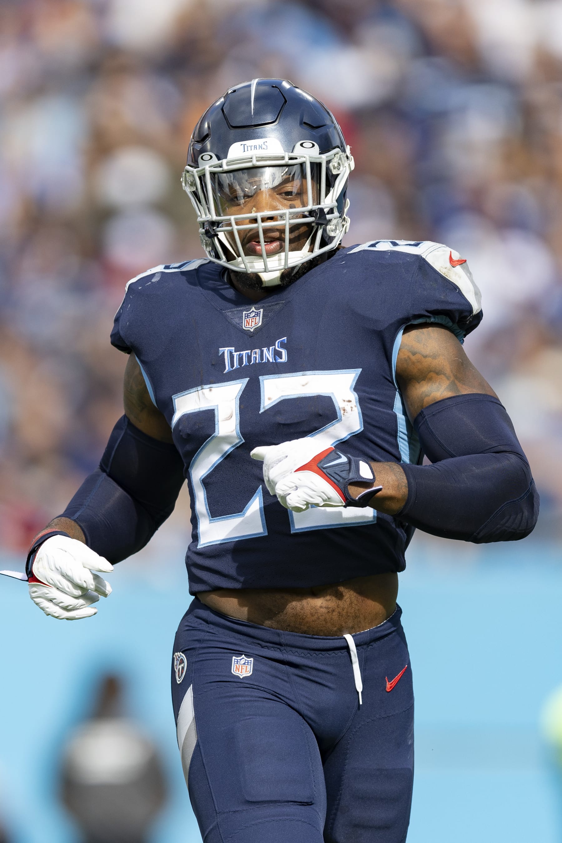 NASHVILLE, TENNESSEE - SEPTEMBER 11: Derrick Henry #22 of the Tennessee Titans on the field during a game against the New York Giants at Nissan Stadium on September 11, 2022 in Nashville, Tennessee. The Giants defeated the Titans 21-20. (Photo by Wesley Hitt/Getty Images) NASHVILLE, TENNESSEE - SEPTEMBER 11: Derrick Henry #22 of the Tennessee Titans on the field during a game against the New York Giants at Nissan Stadium on September 11, 2022 in Nashville, Tennessee. The Giants defeated the Titans 21-20. (Photo by Wesley Hitt/Getty Images)