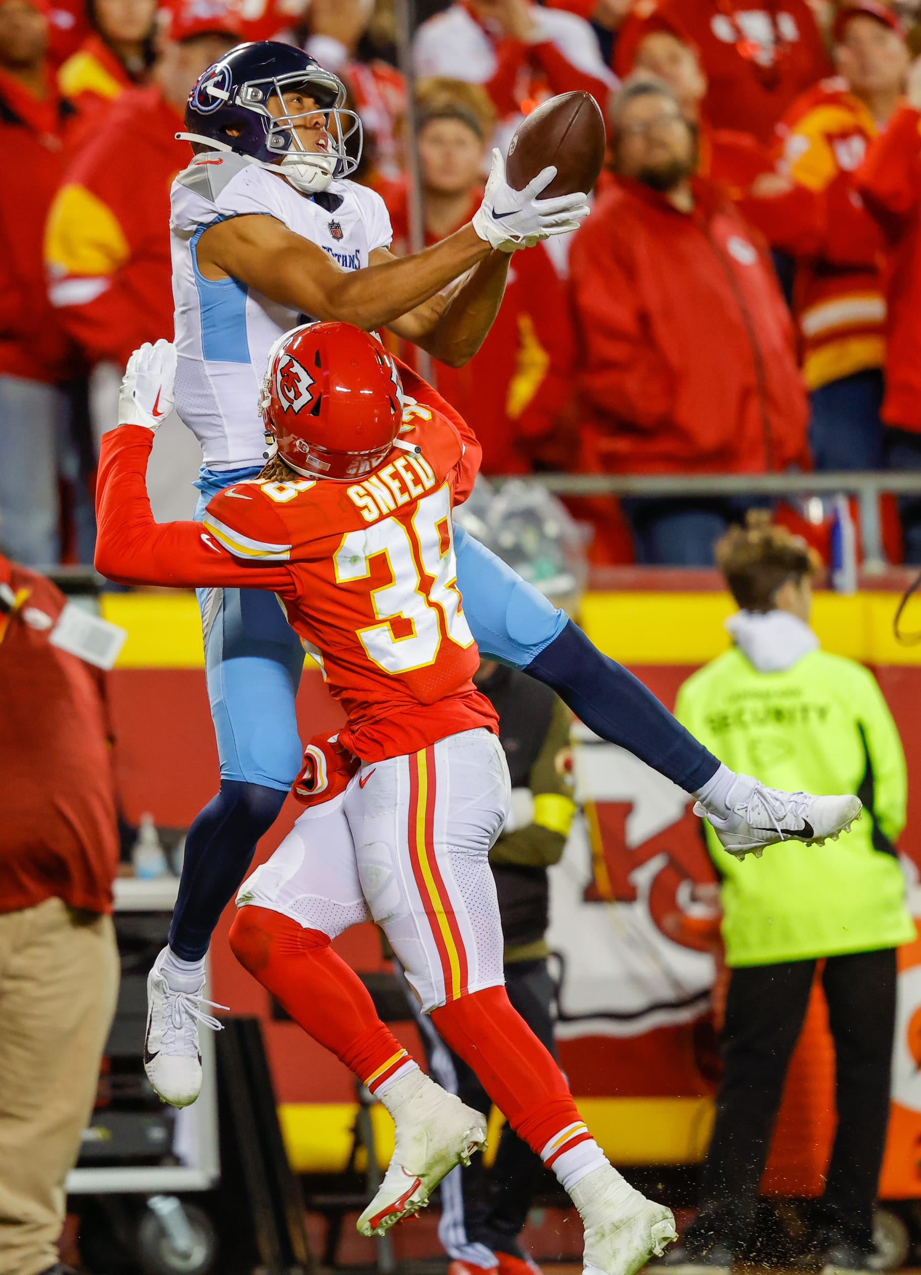 KANSAS CITY, MO - NOVEMBER 06: L'Jarius Sneed #38 of the Kansas City Chiefs breaks up a pass play intended for Nick Westbrook-Ikhine #15 of the Tennessee Titans during the fourth quarter at Arrowhead Stadium on November 6, 2022 in Kansas City, Missouri. (Photo by David Eulitt/Getty Images)