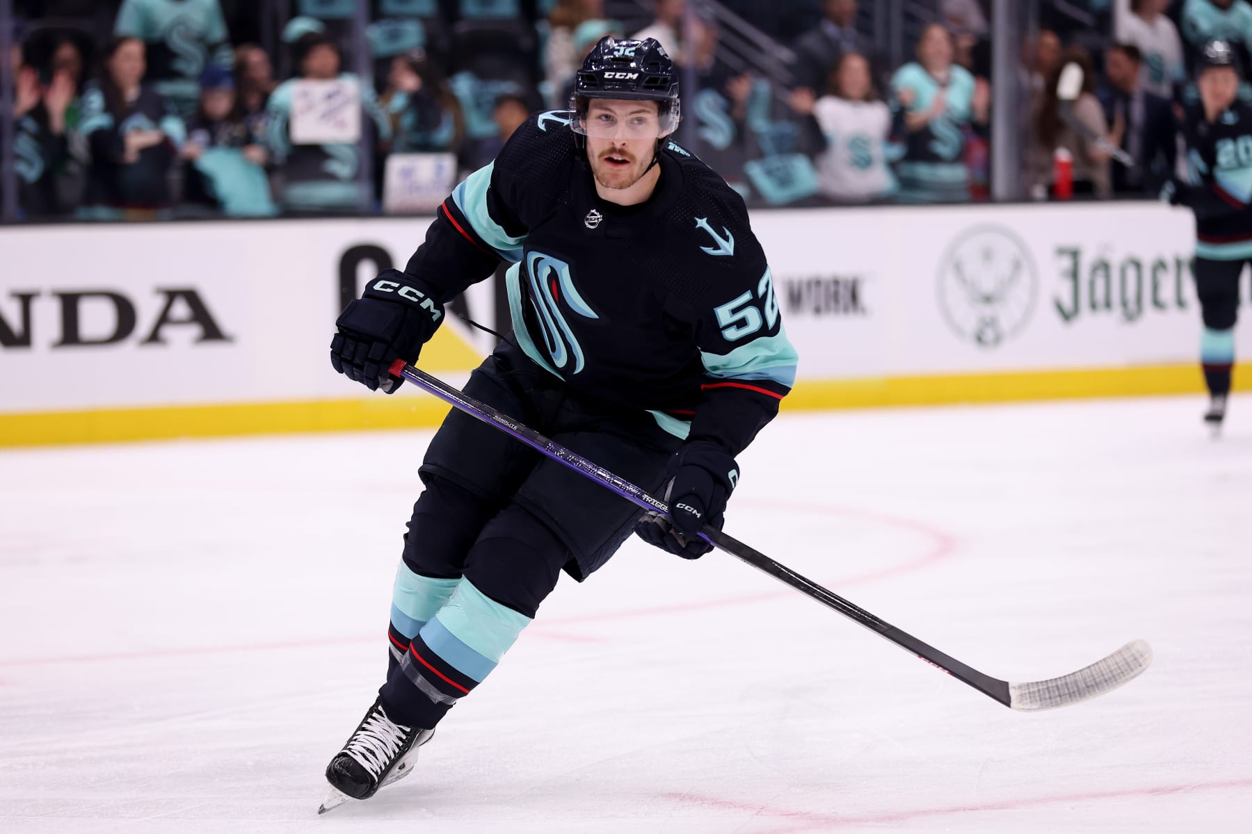 SEATTLE, WASHINGTON - APRIL 28: Tye Kartye #52 of the Seattle Kraken warms up before Game Six of the First Round of the 2023 Stanley Cup Playoffs against the Colorado Avalanche at Climate Pledge Arena on April 28, 2023 in Seattle, Washington. (Photo by Steph Chambers/Getty Images)
