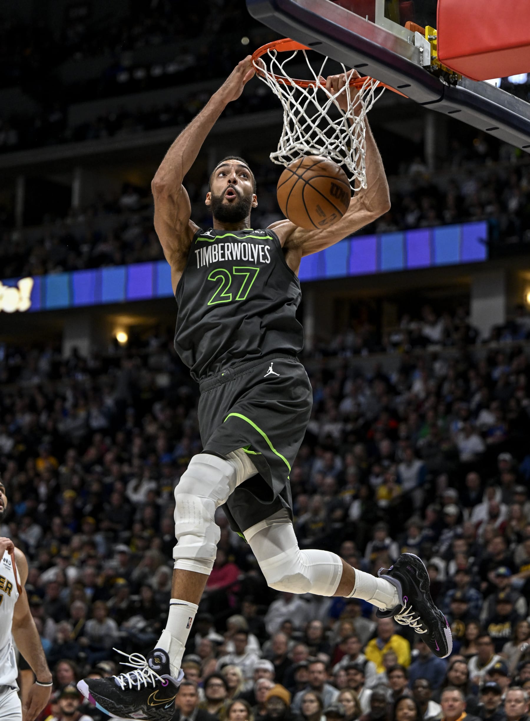 DENVER, CO - APRIL 25: Rudy Gobert (27) of the Minnesota Timberwolves dunks against the Denver Nuggets during the fourth quarter of Denvers 112-109 win at Ball Arena in Denver on Tuesday, April 25, 2023. Denver clinched the best-of-seven series 4-1. (Photo by AAron Ontiveroz/MediaNews Group/The Denver Post via Getty Images)