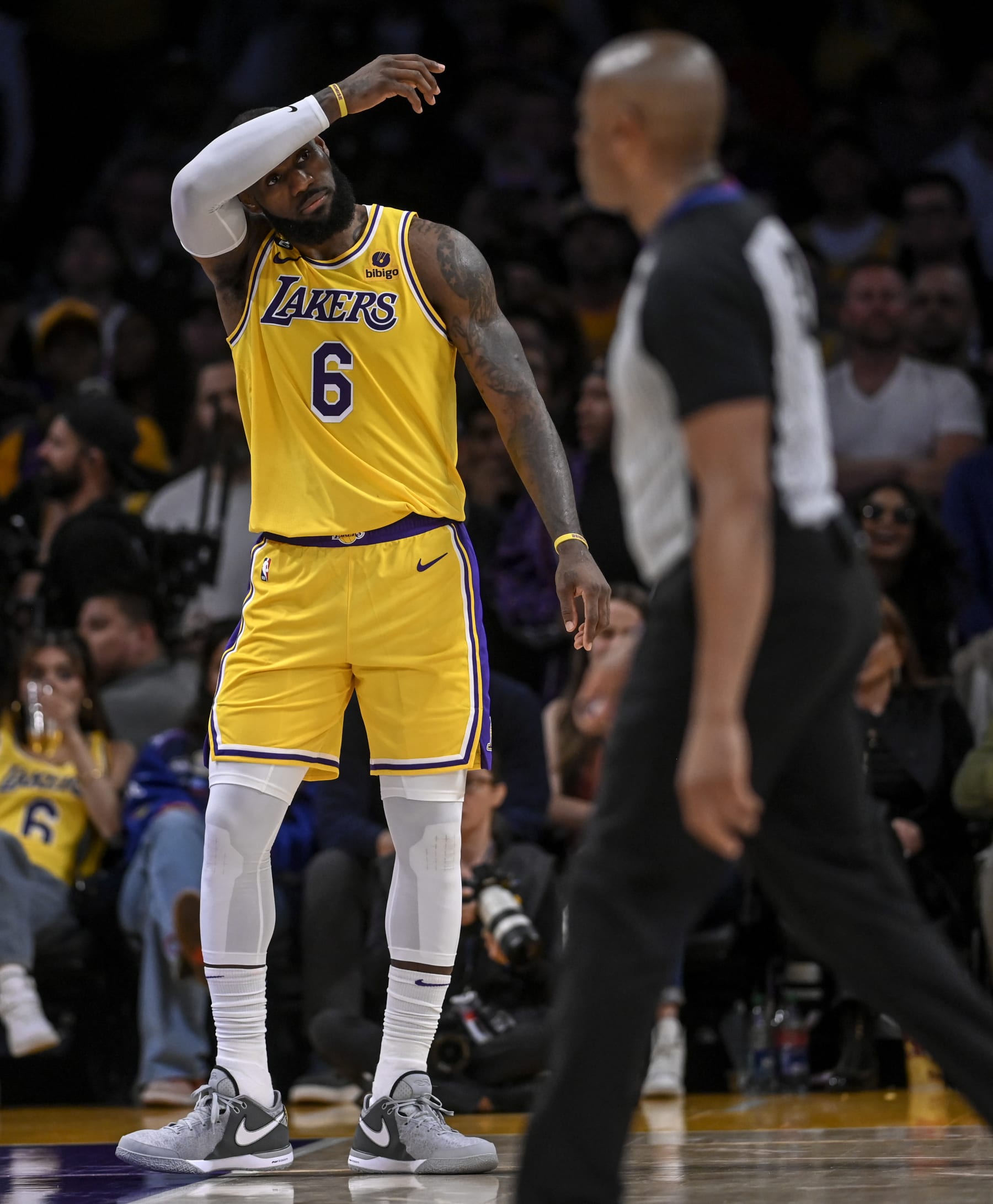 LOS ANGELES, CA - MAY 22: LeBron James (6) of the Los Angeles Lakers wipes his brow during the fourth quarter of the Nuggets' 113-111 Western Conference finals game 4 win over the Lakers at Crypto.com Arena in Los Angeles on Monday, May 22, 2023. The Nuggets swept the best-of-seven series 4-0 to advance to their first NBA Finals in franchise history. (Photo by AAron Ontiveroz/The Denver Post)