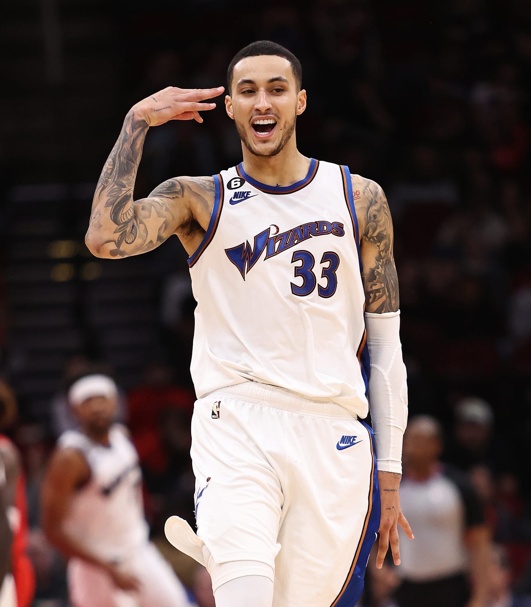 HOUSTON, TEXAS - JANUARY 25: Kyle Kuzma #33 of the Washington Wizards reacts after making a three point basket during the fourth quarter against the Houston Rockets at Toyota Center on January 25, 2023 in Houston, Texas. NOTE TO USER: User expressly acknowledges and agrees that, by downloading and or using this photograph, User is consenting to the terms and conditions of the Getty Images License Agreement. (Photo by Bob Levey/Getty Images)