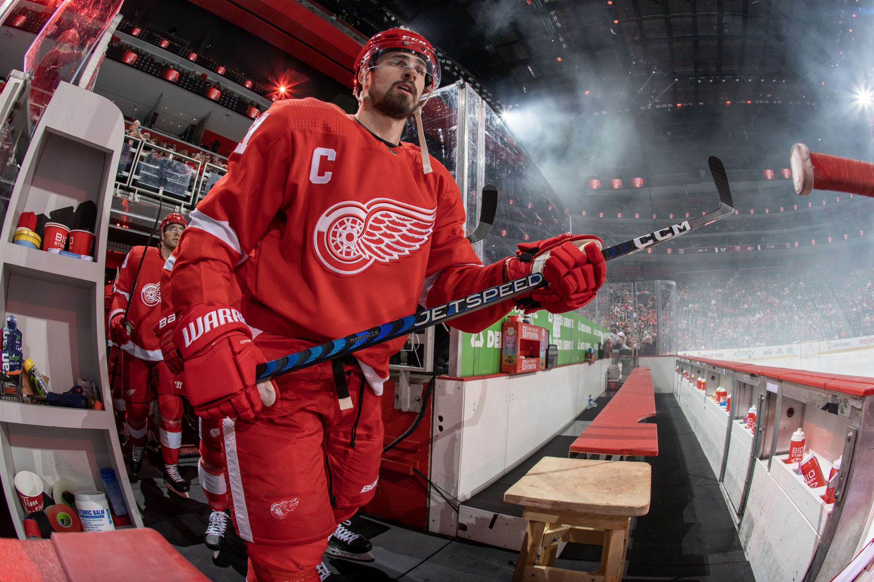 DETROIT, MI - APRIL 10: Dylan Larkin #71 of the Detroit Red Wings heads out to the rink for the start of the first period of an NHL game against the Dallas Stars at Little Caesars Arena on April 10, 2023 in Detroit, Michigan. (Photo by Dave Reginek/NHLI via Getty Images)