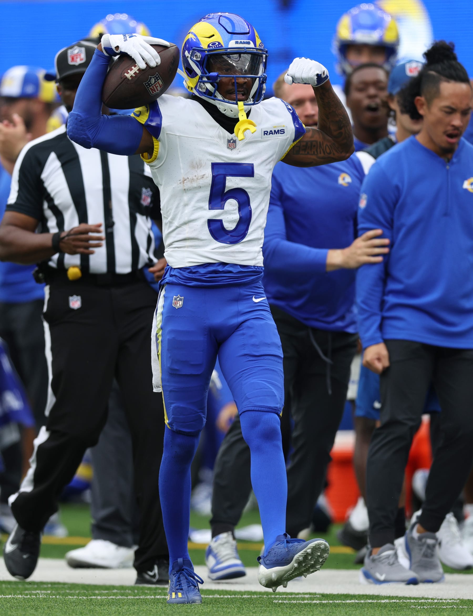 INGLEWOOD, CALIFORNIA - SEPTEMBER 17: Tutu Atwell #5 of the Los Angeles Rams reacts after his catch for a first down during a 30-23 loss to the San Francisco 49ers at SoFi Stadium on September 17, 2023 in Inglewood, California. (Photo by Harry How/Getty Images)