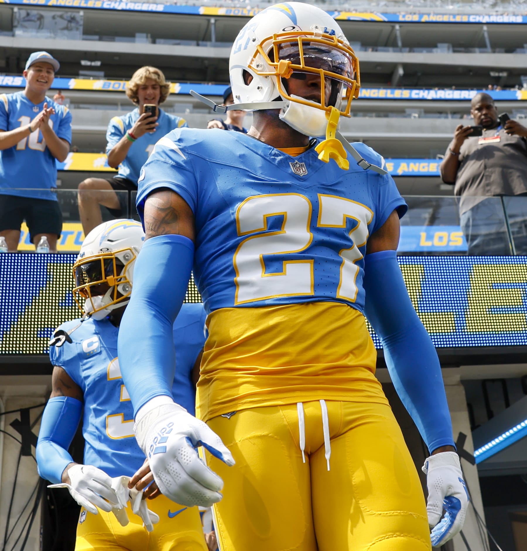 Inglewood, CA, Sunday, Sept. 10, 2023 - Los Angeles Chargers cornerback J.C. Jackson (27) on the sidelines before a game against the Miami Dolphins at SoFi Stadium.  (Robert Gauthier/Los Angeles Times via Getty Images)