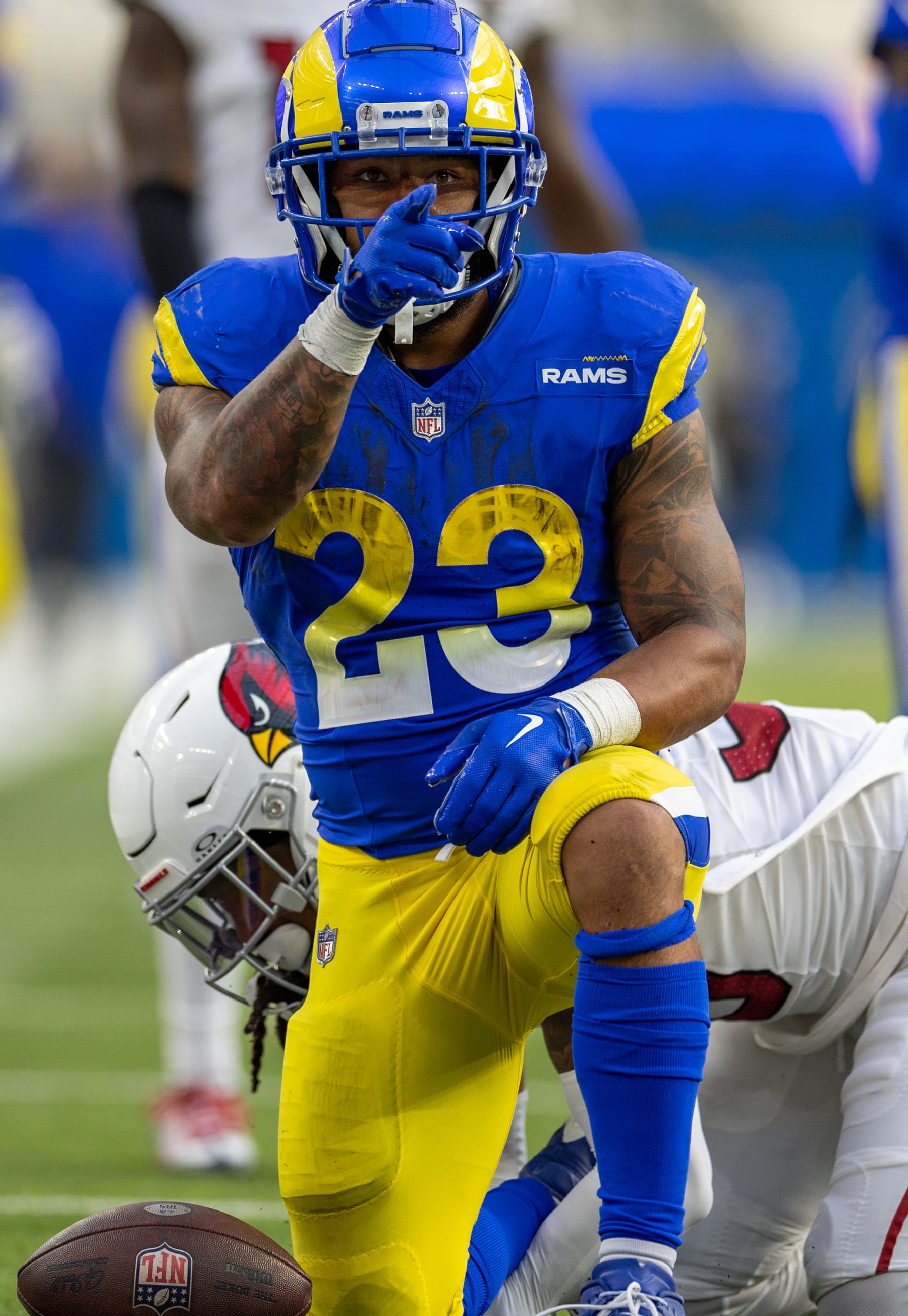 Inglewood, CA, Sunday, October 15, 2023 - Los Angeles Rams running back Kyren Williams (23) points out that he achieved a first down against the he Arizona Cardinals during second half action at SoFi Stadium. (Robert Gauthier/Los Angeles Times via Getty Images)