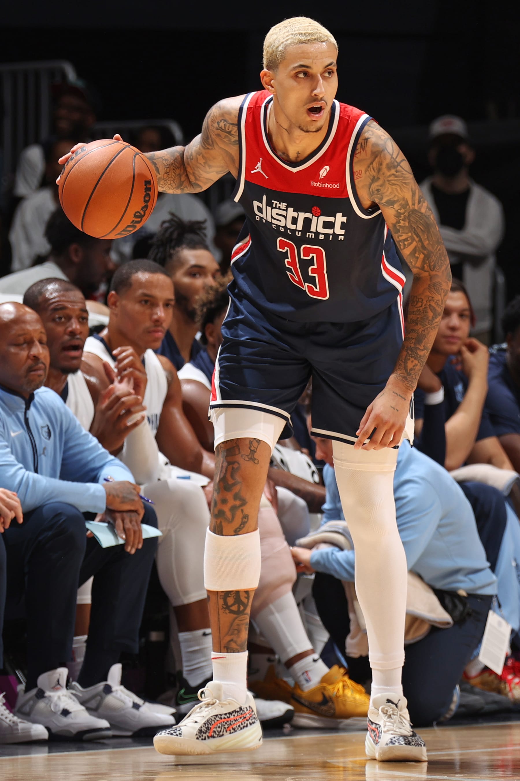 WASHINGTON, DC -  OCTOBER 28: Kyle Kuzma #33 of the Washington Wizards dribbles the ball during the game against the Memphis Grizzlies on October 28, 2023 at Capital One Arena in Washington, DC. NOTE TO USER: User expressly acknowledges and agrees that, by downloading and or using this Photograph, user is consenting to the terms and conditions of the Getty Images License Agreement. Mandatory Copyright Notice: Copyright 2023 NBAE (Photo by Stephen Gosling/NBAE via Getty Images)
