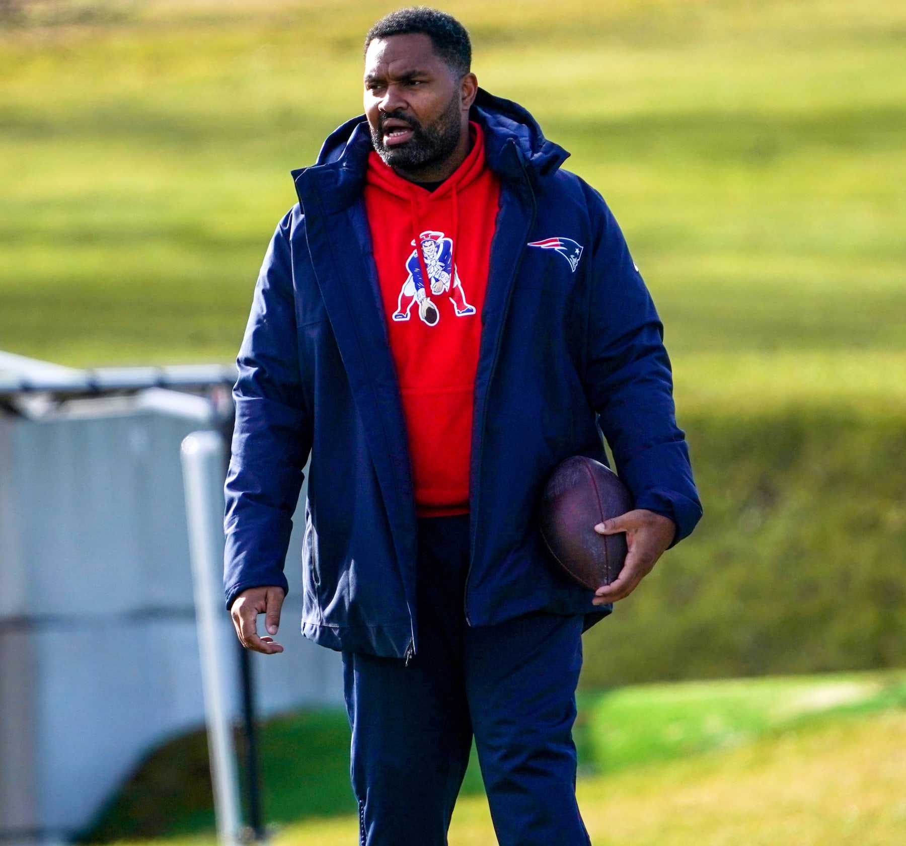 Foxborough, MA - January 4: New England Patriots assistant coach Jerod Mayo at practice. (Photo by Barry Chin/The Boston Globe via Getty Images)