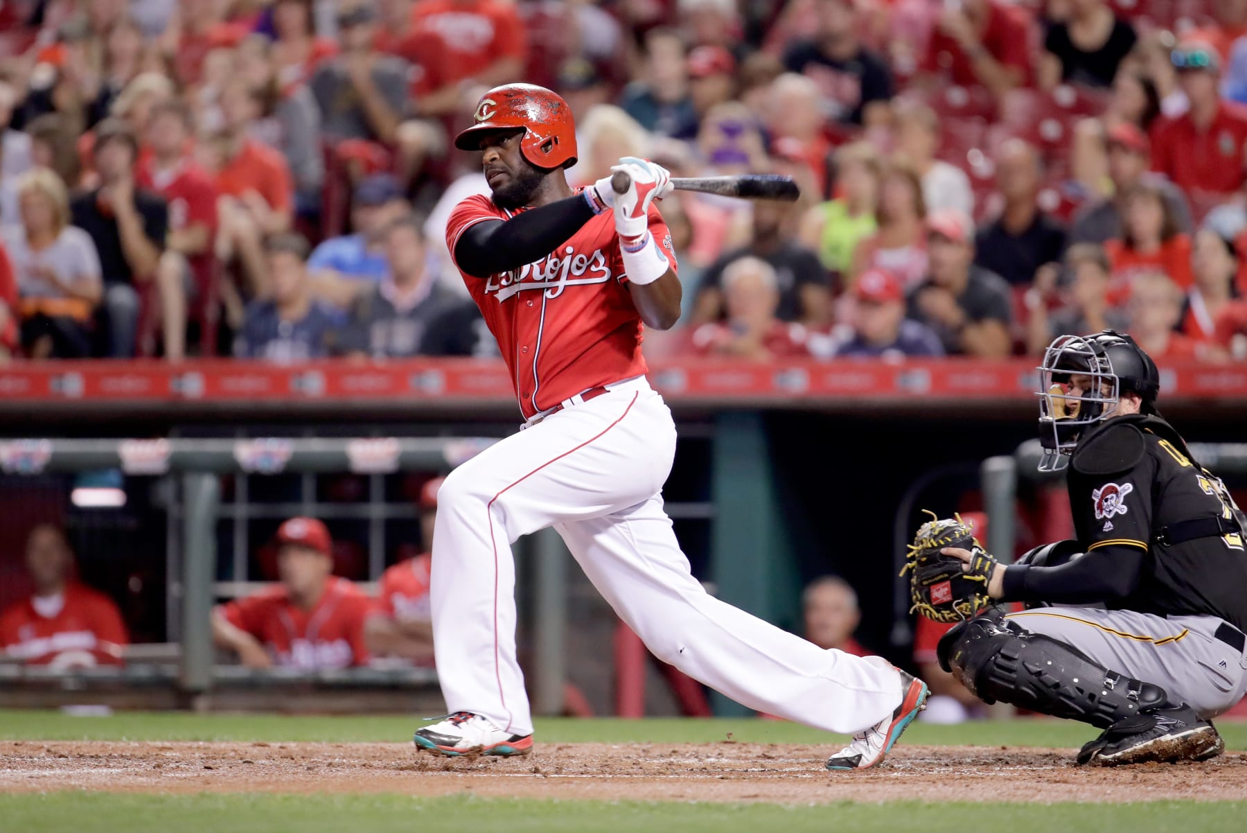 CINCINNATI, OH - SEPTEMBER 16:  Brandon Phillips #4 of the Cincinnati Reds hits a run scoring single in the first inning against the Pittsburgh Pirates at Great American Ball Park on September 16, 2016 in Cincinnati, Ohio.  (Photo by Andy Lyons/Getty Images)