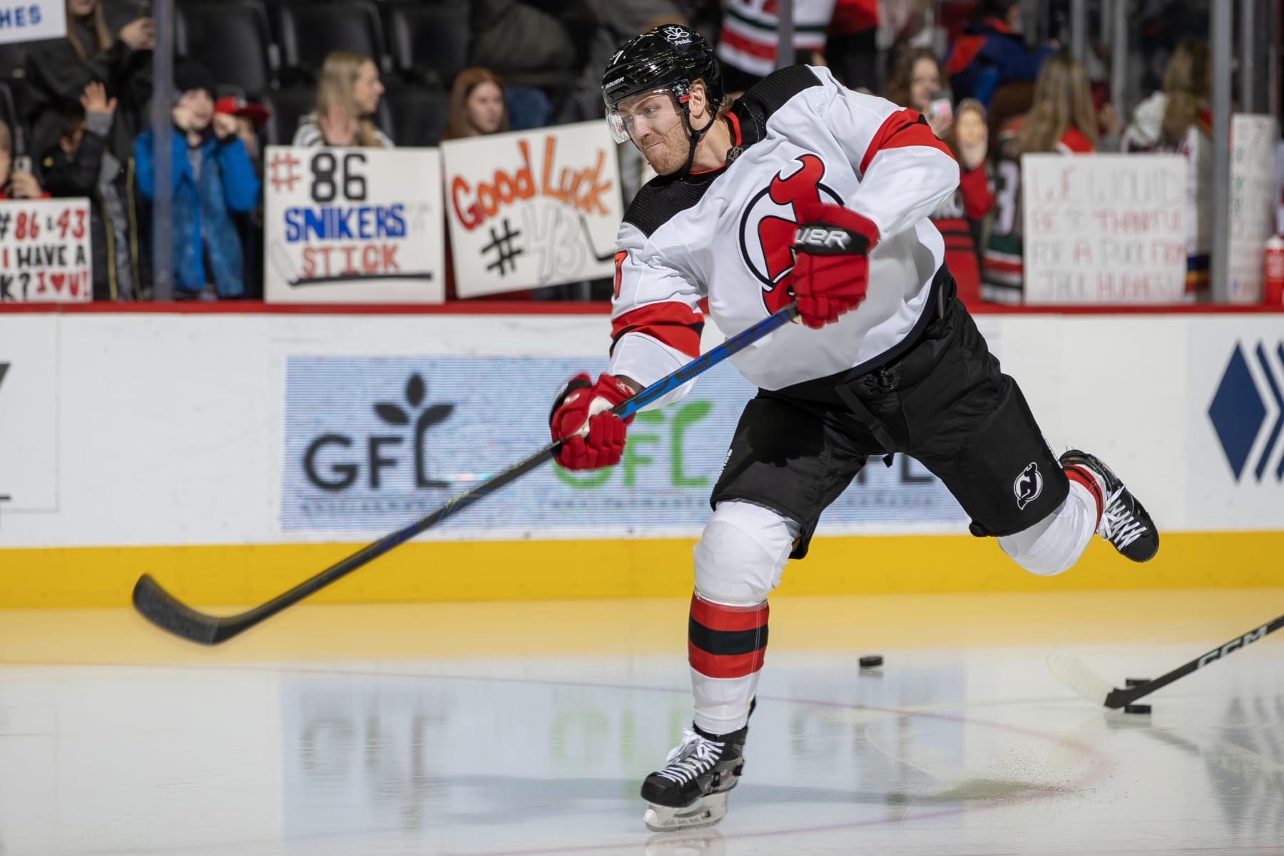DETROIT, MI - NOVEMBER 22: Dougie Hamilton #7 of the New Jersey Devils shoots the puck in warm ups before the game against the Detroit Red Wings at Little Caesars Arena on November 22, 2023 in Detroit, Michigan. Detroit shut out New Jersey 4-0. (Photo by Dave Reginek/NHLI via Getty Images)